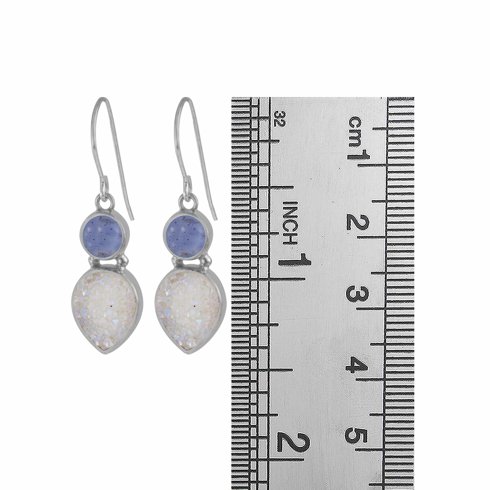 Sterling Silver Earring With Iolite Round Cab, Druzy Opal Pear