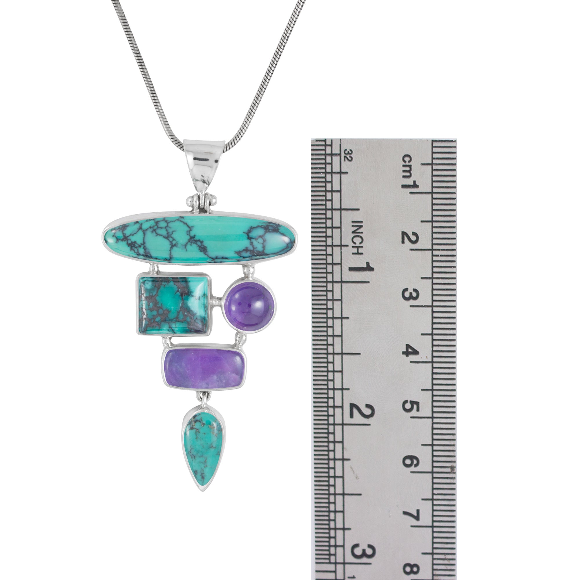 Sterling Silver Pendant With 3 Turquoise, Amethyst Round, Sugilate Rectangle
