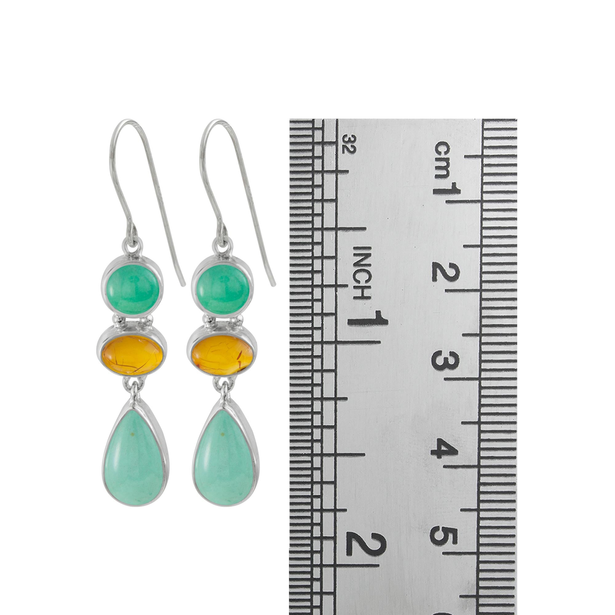 Sterling Silver Earring With Turquoise Round, Amber Oval,  Turquoise Pear Drop