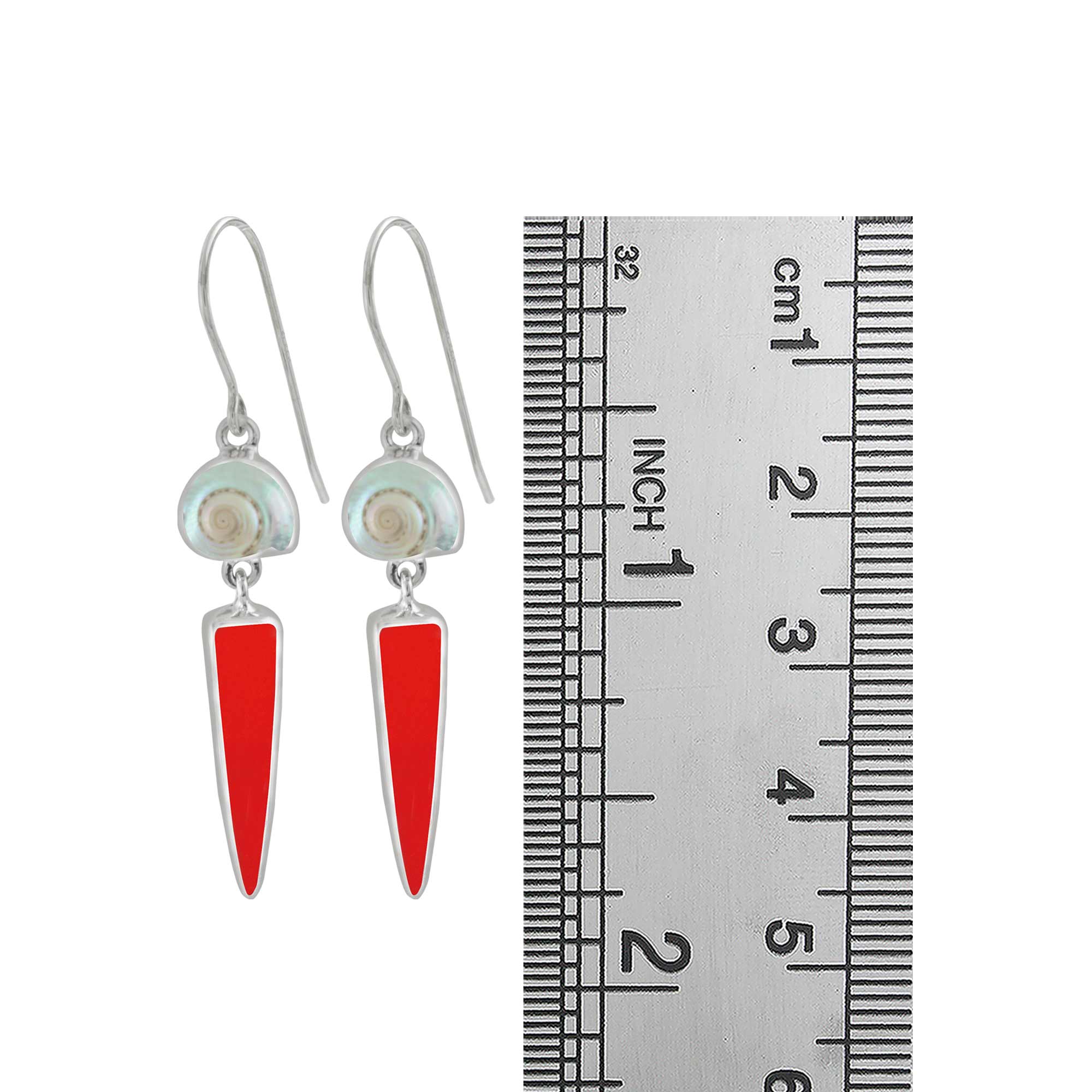 Sterling Silver Earring With Shell Malabar Turbos, Sea Glass Red Drop