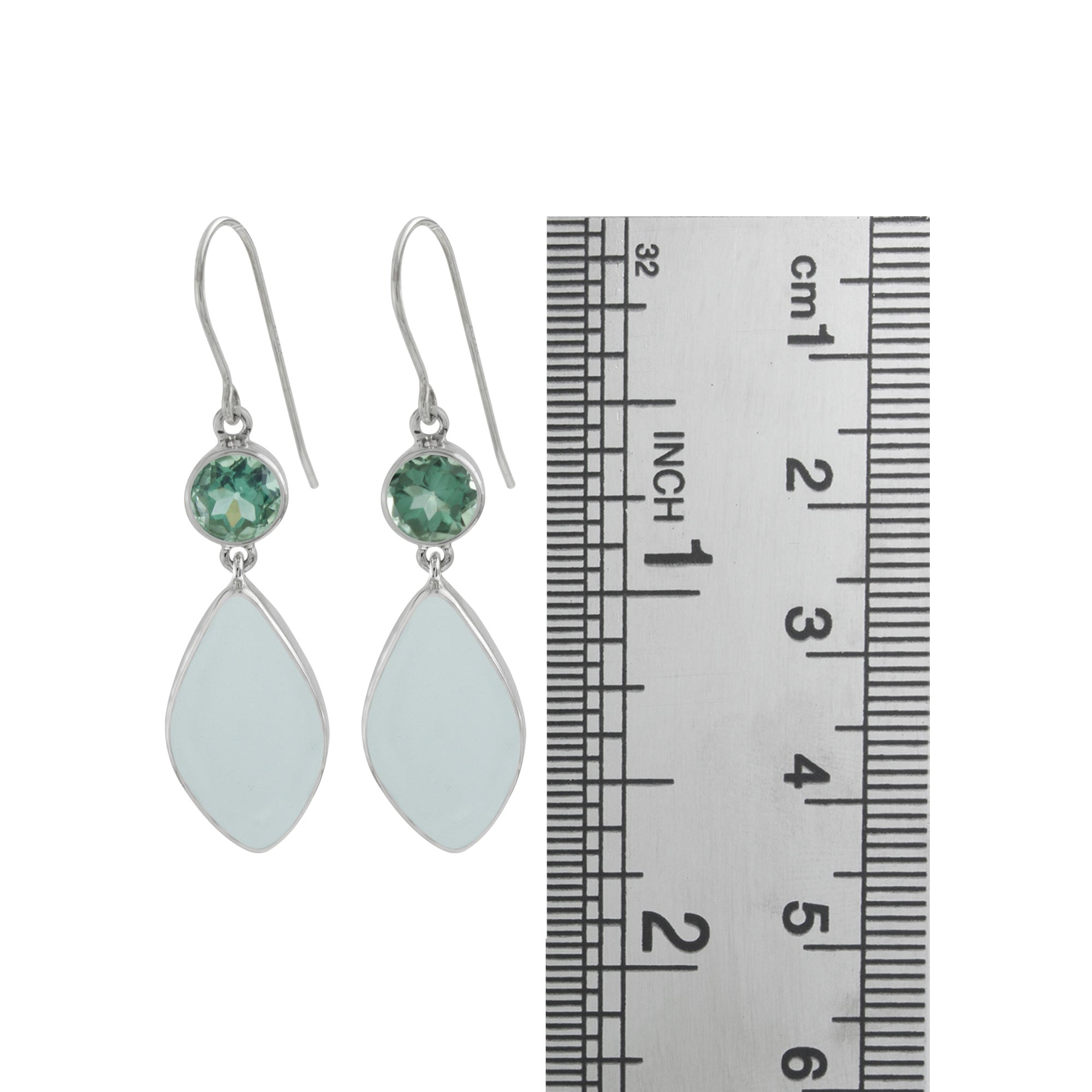 Sterling Silver Earring With Green Quartz Round Facet, Sea Glass Aqua