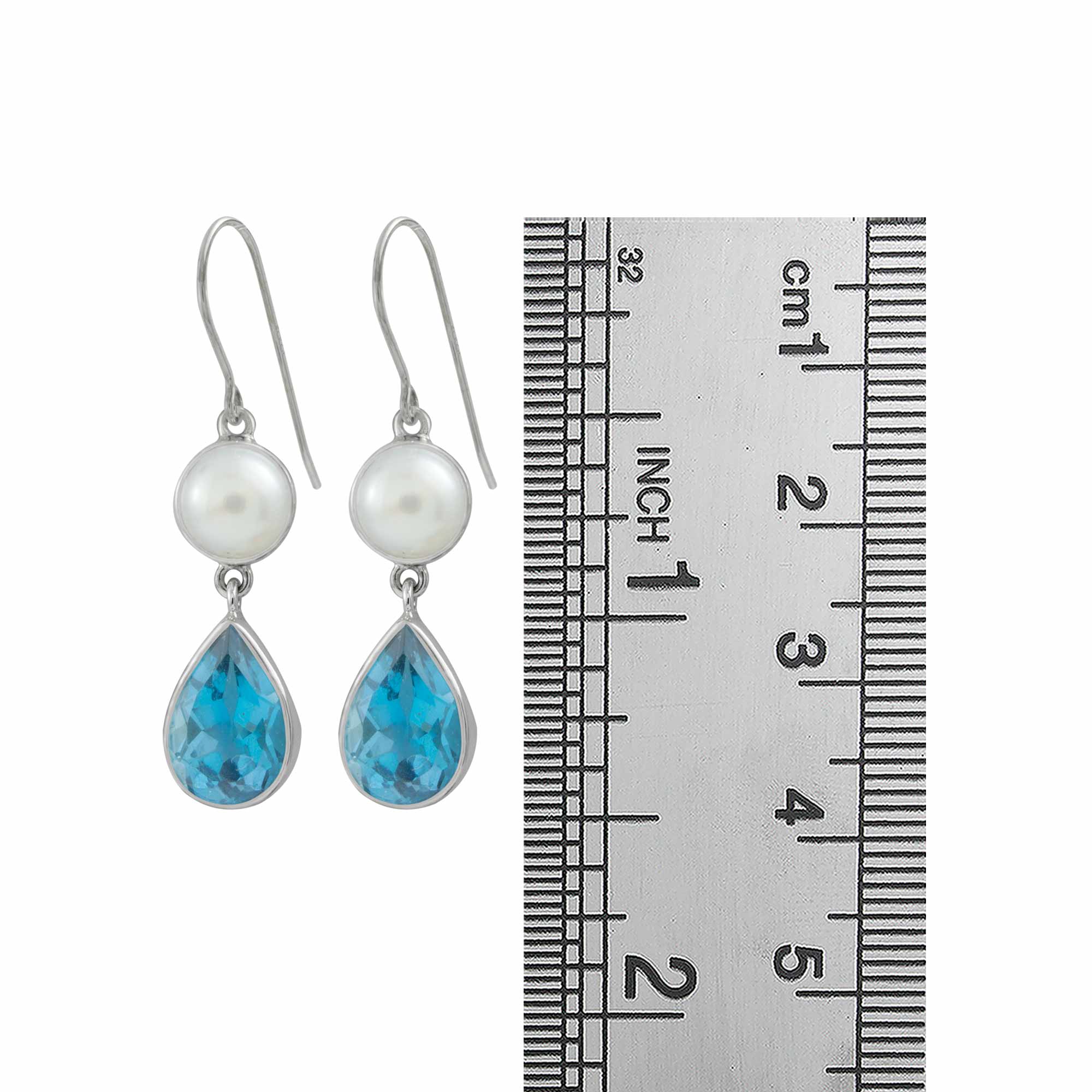 Sterling Silver Earring With Pearl Round, Blue Topaz Pear Facet