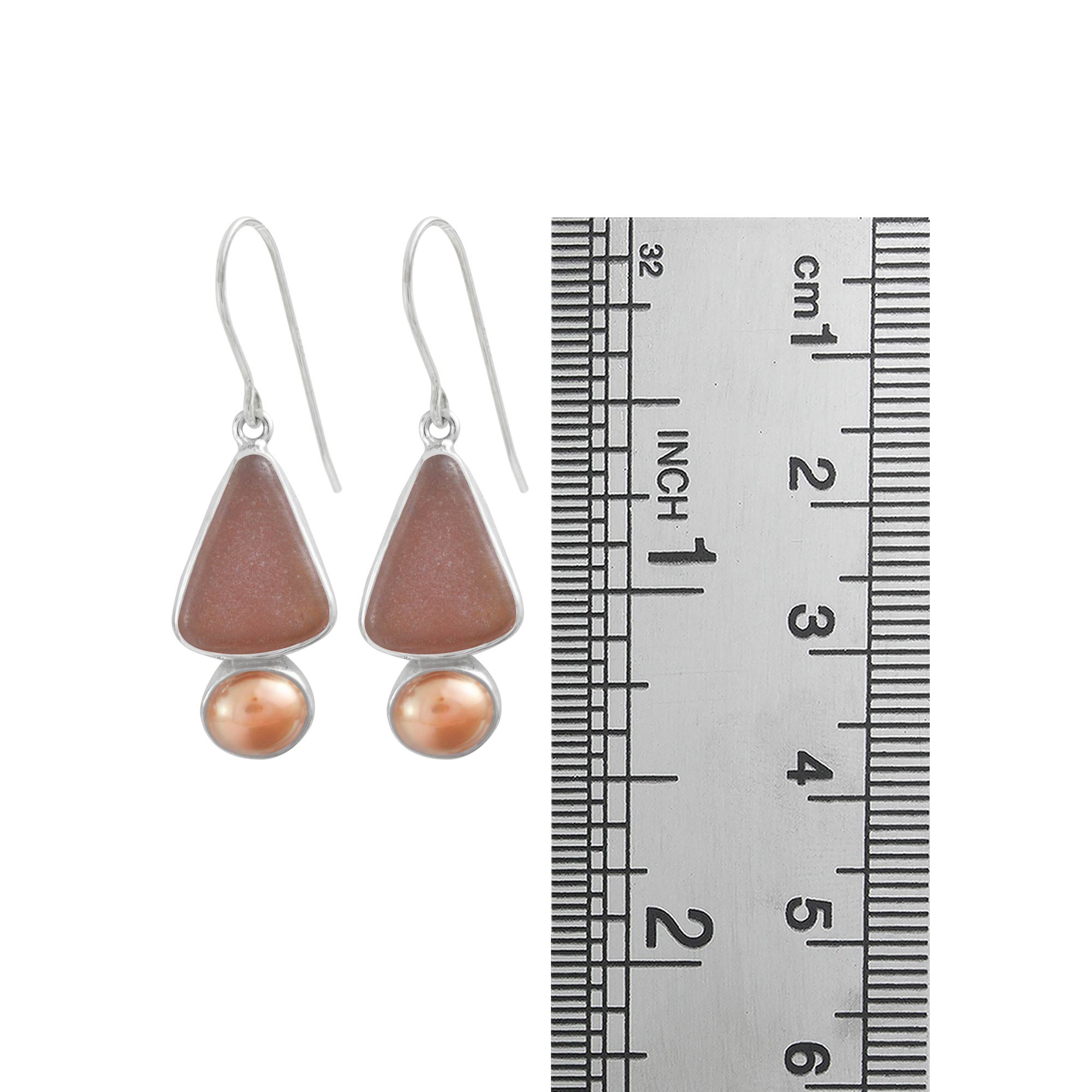 Sterling Silver Earring With Sea Glass Brown , Pearl