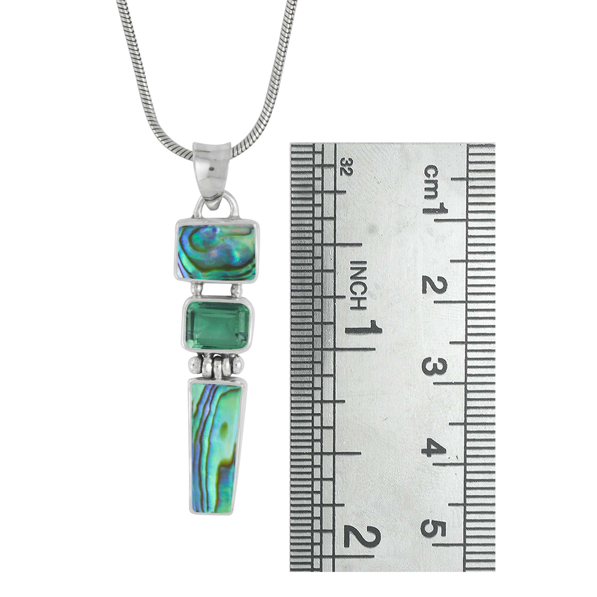 Sterling Silver Pendant With 2 Paua & Green Quarzt Rectangle