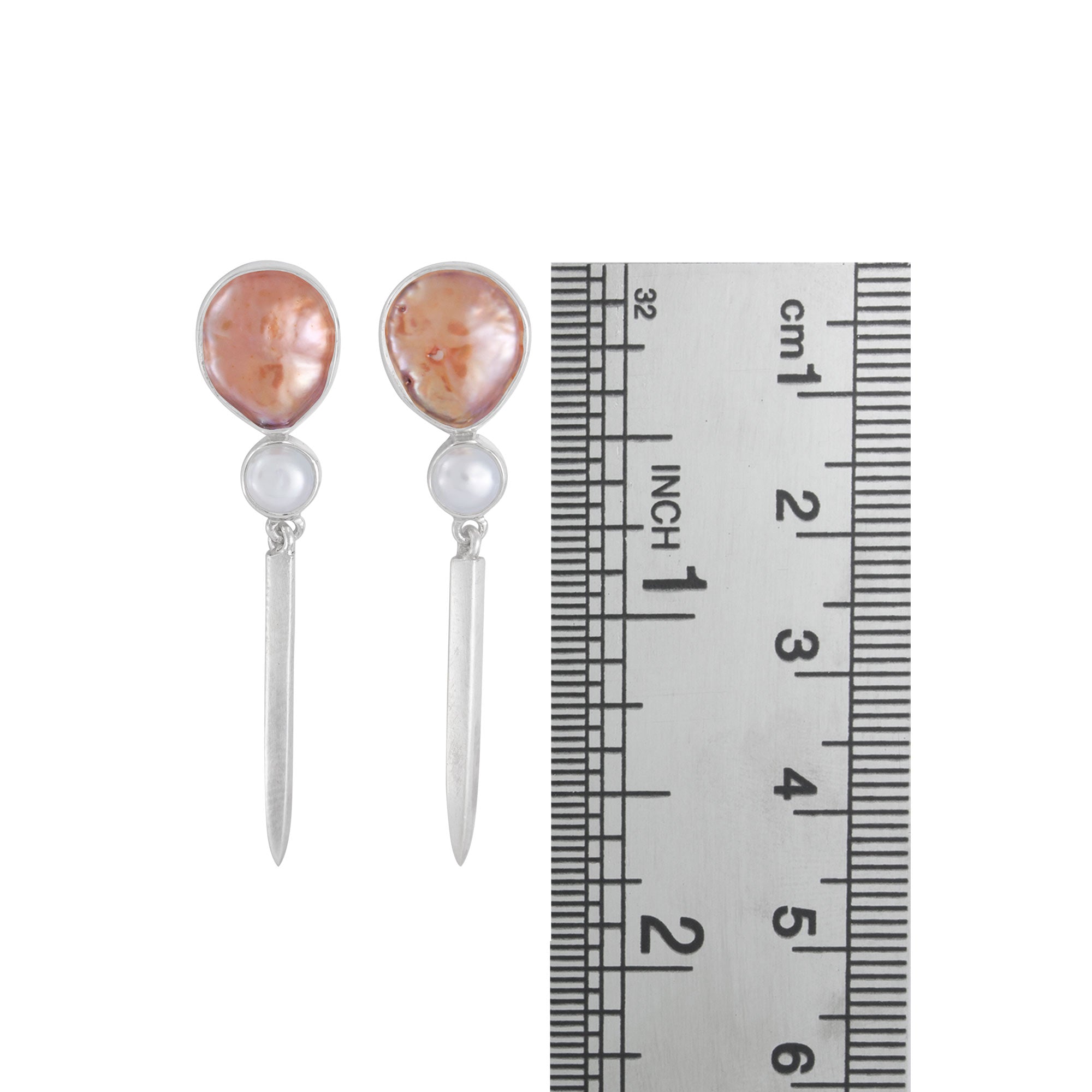 Sterling Silver Earring With Pearl Copper & Pearl White Button Round
