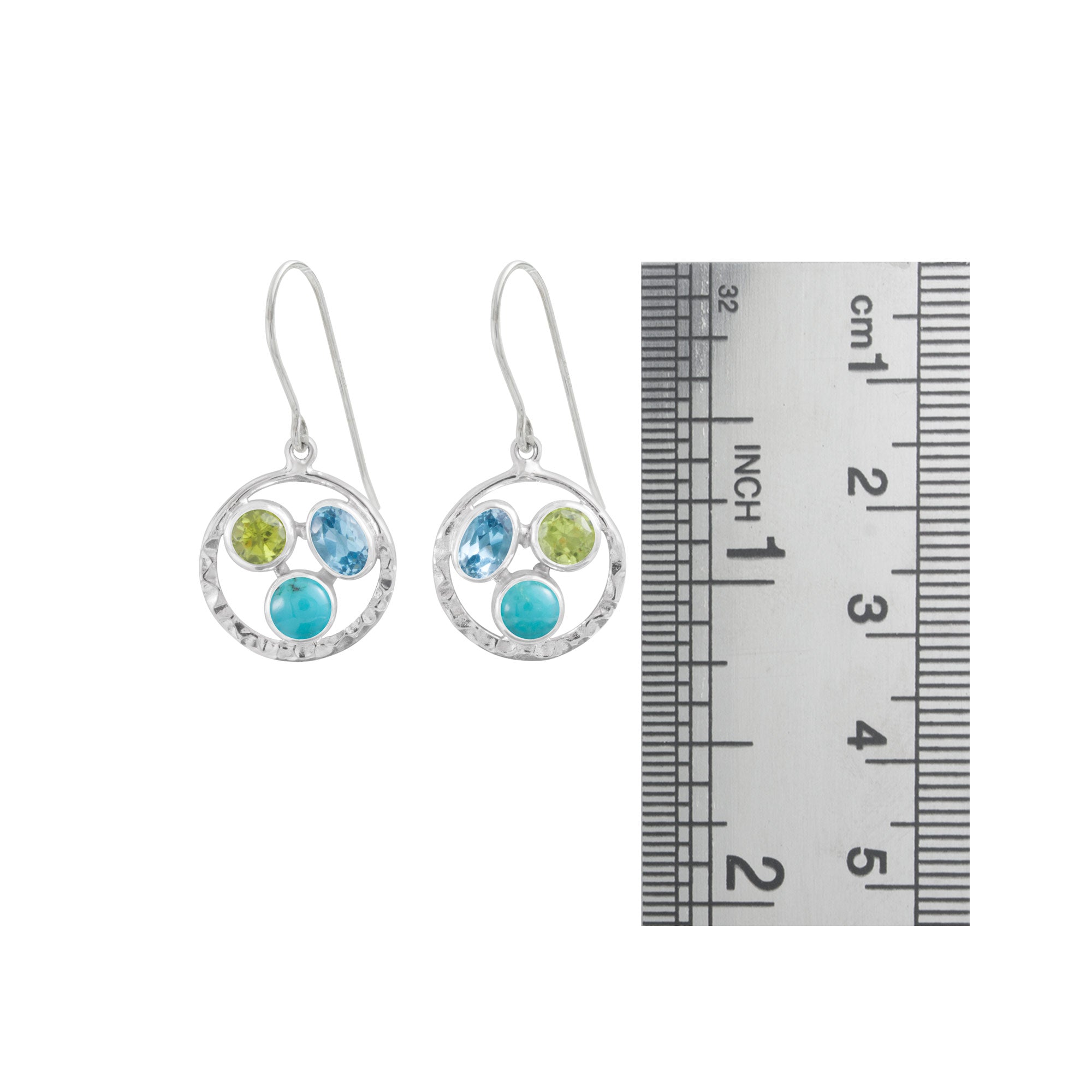 Sterling Silver Earring With Hammered Circle Component, Blue Topaz, Turquoise, Peridot Stone