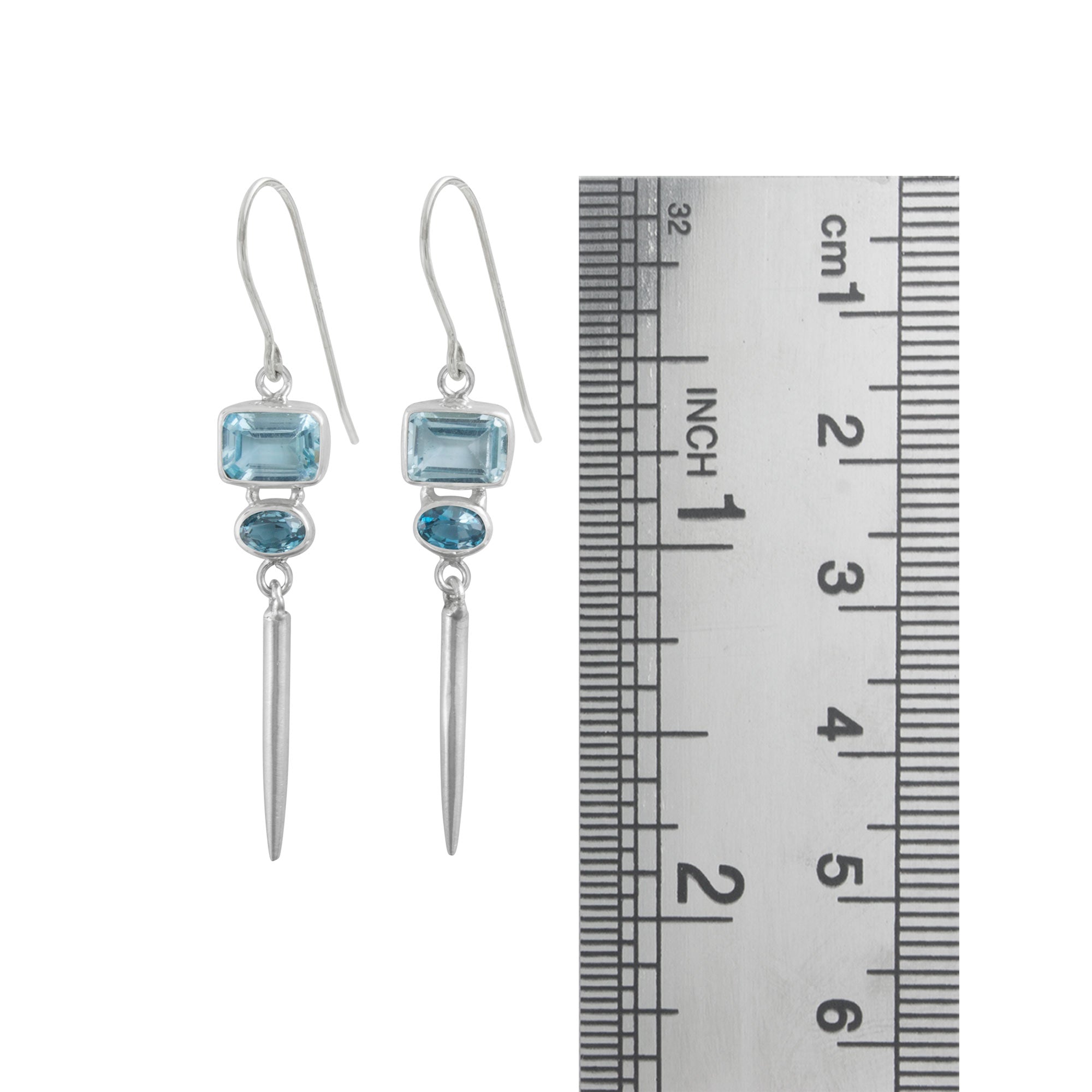 Sterling Silver Earring With Blue Topaz Rectangle Facet, London Blue Oval Facet