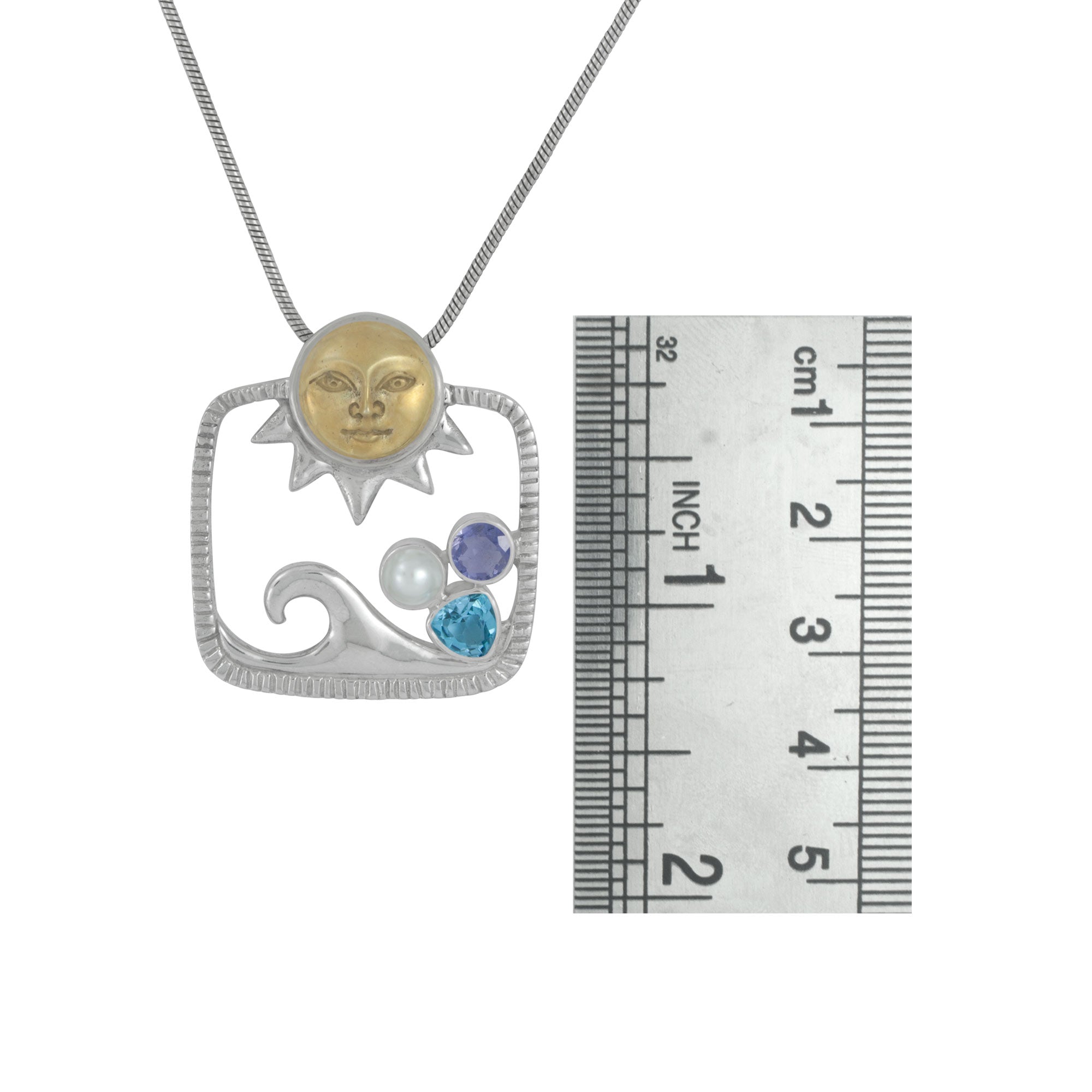 Sterling Silver Pendant With Blue Topaz, Iolite, Pearl Round