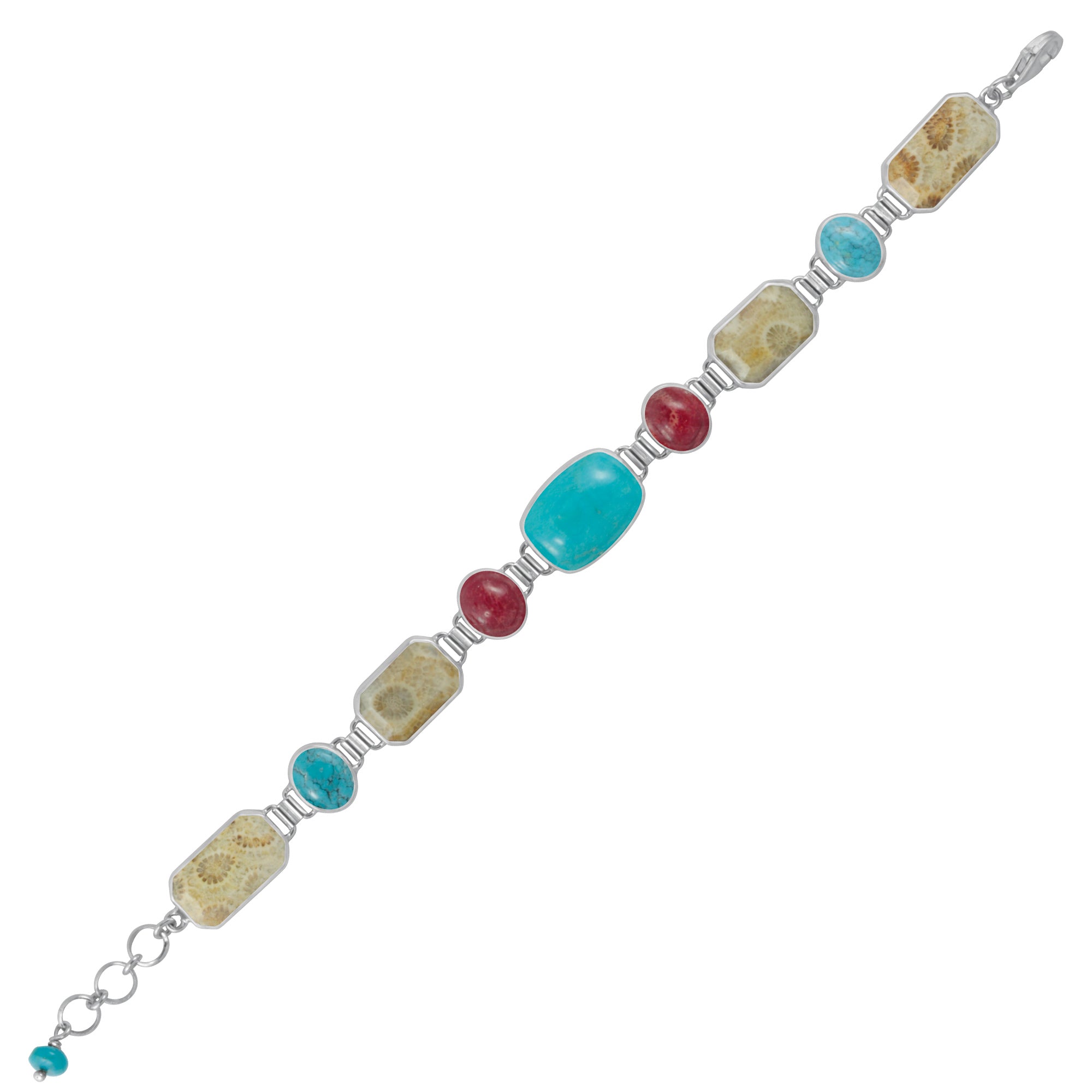 Sterling Silver Bracelet With Sponge Coral, Fossil Cpral, Turquoise Oval Accents