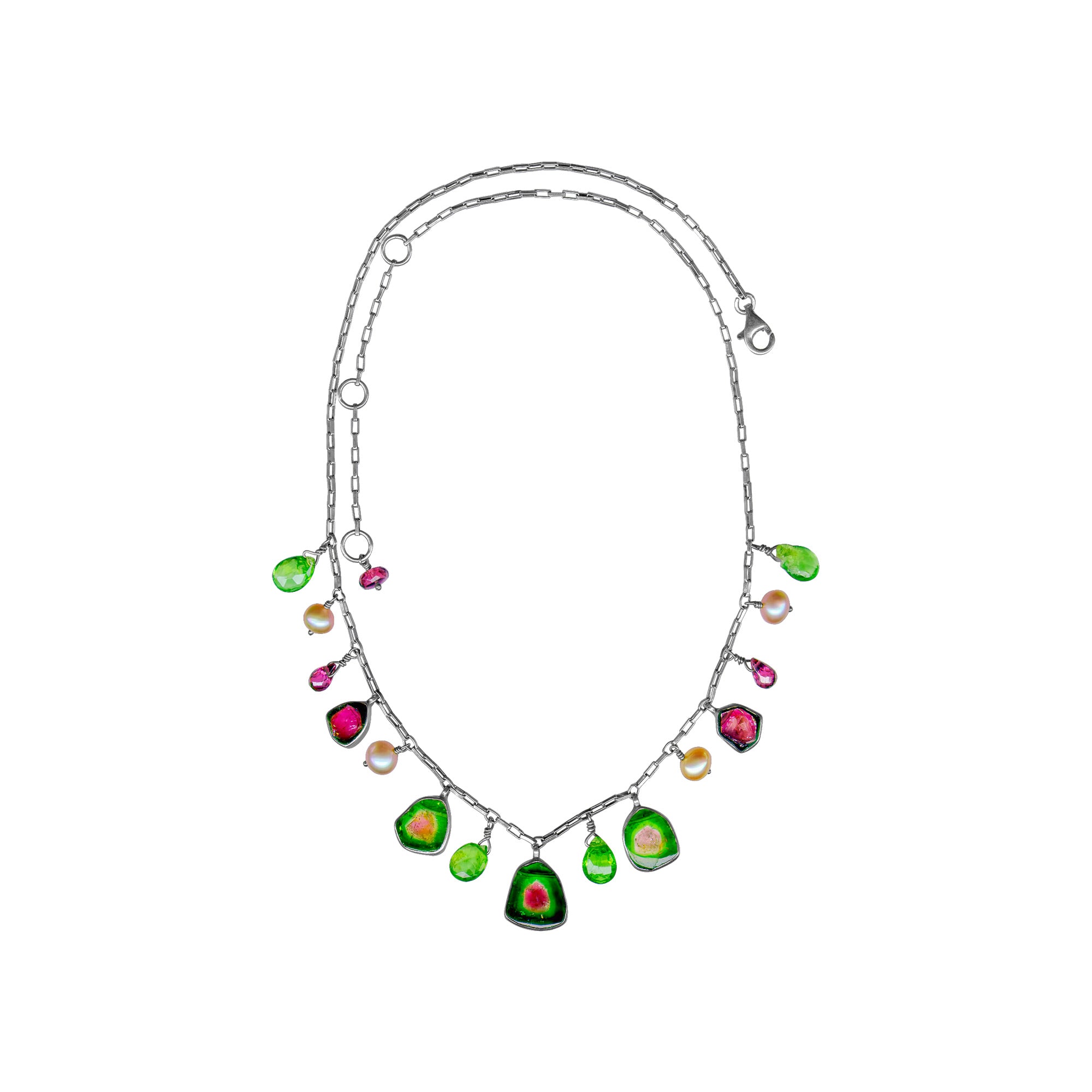 Sterling Silver Necklace Watermelon With Bead Pearls, Peridot, And Crystal On Chain