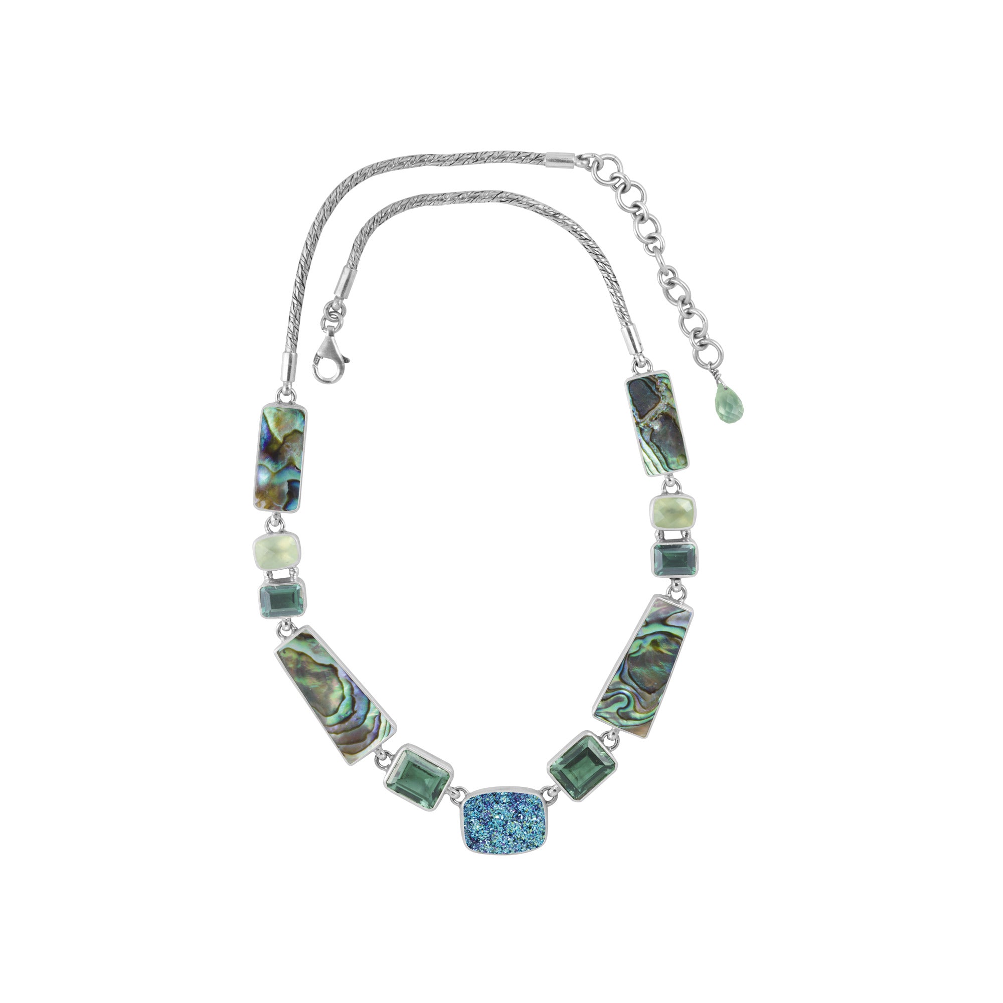 Sterling Silver Necklace With Druzy Cassiopiea Seas,Green Quartz, Paua & Praynite