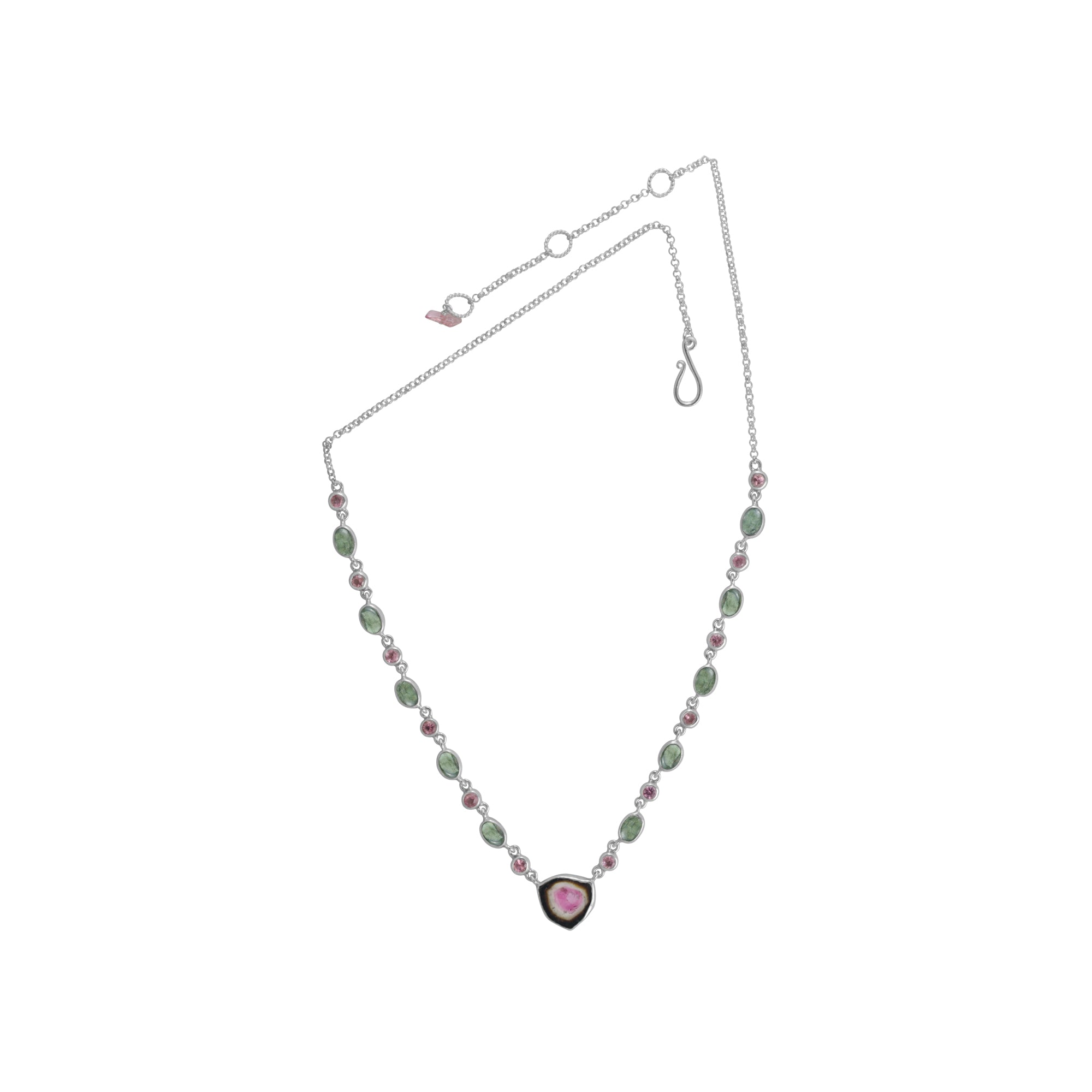 Sterling Silver Necklace With Watermelon, Green Tourmaline Round Facet/Oval Cab