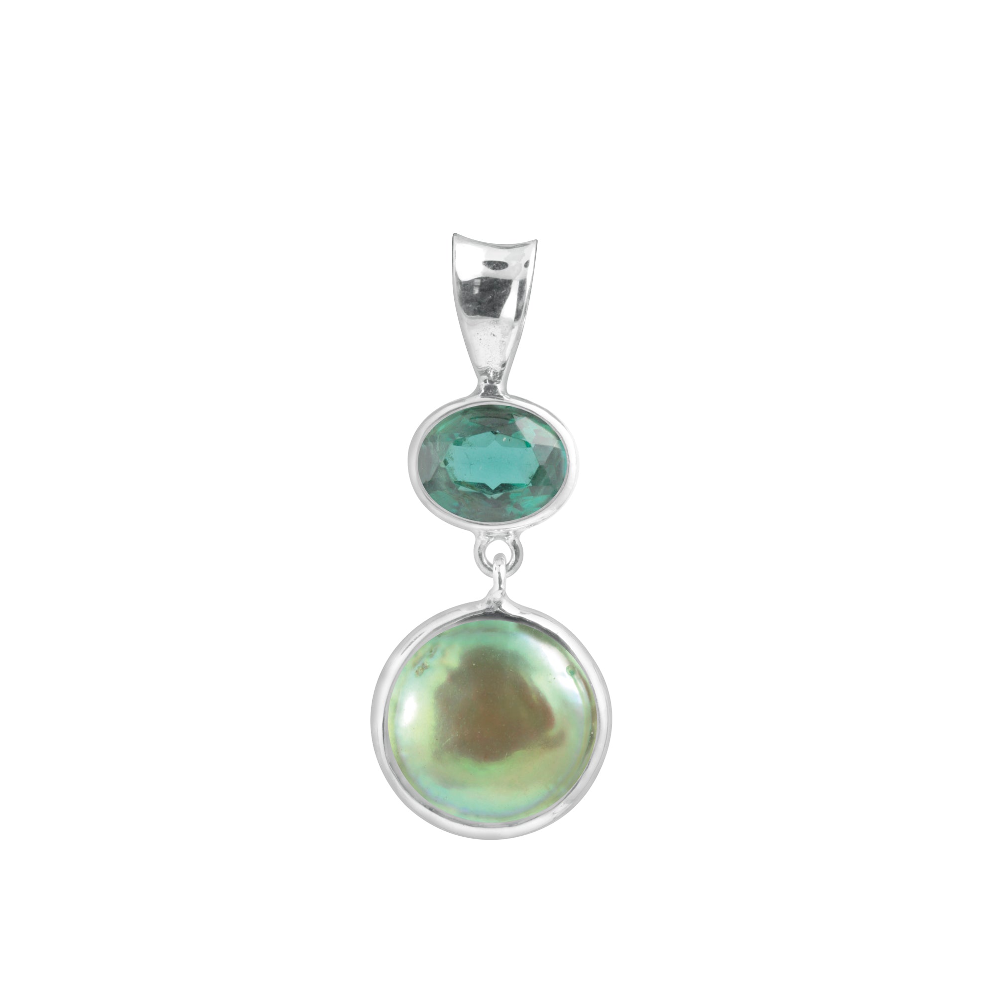 Sterling Silver Pendant With Green Topaz Oval, Druzy
