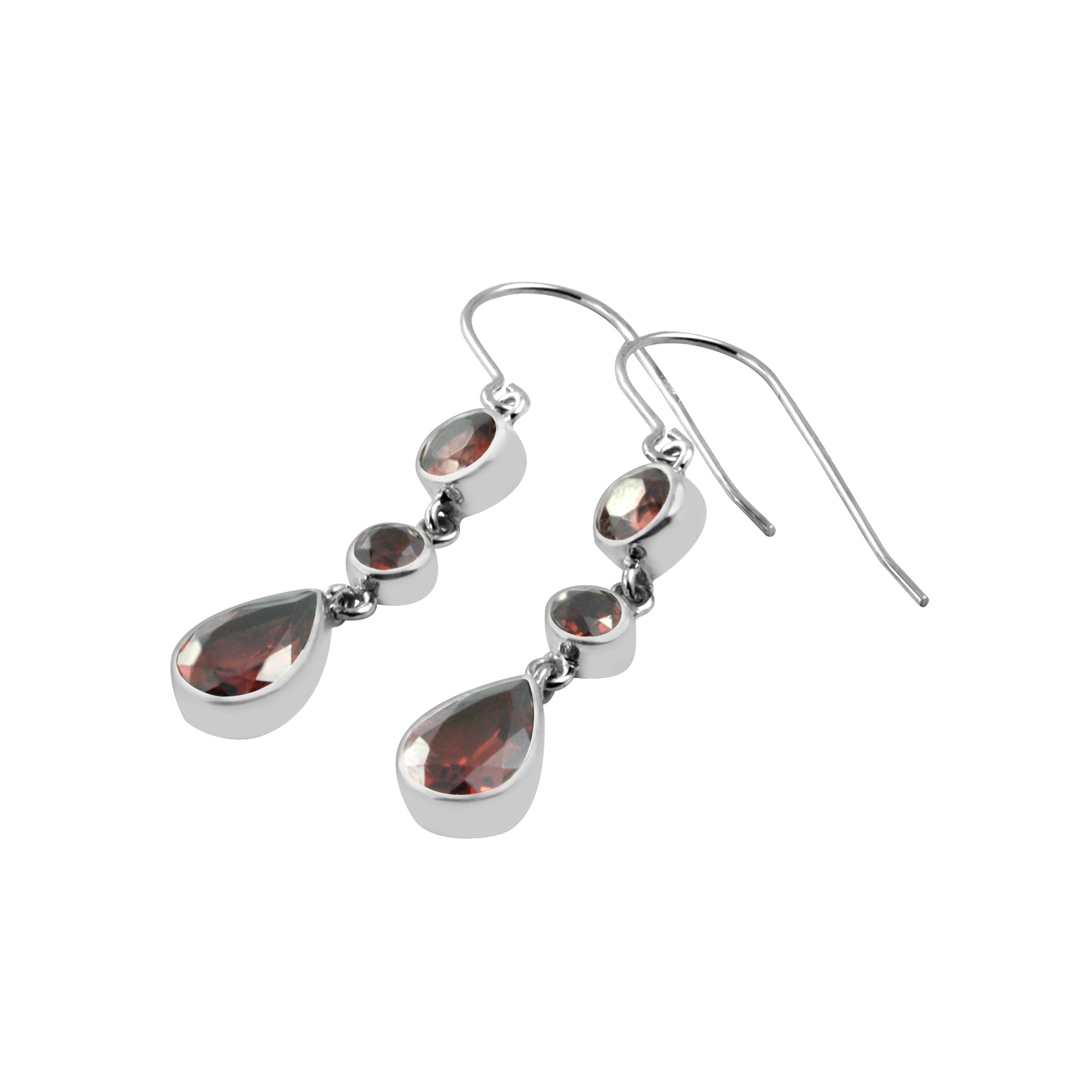 Silver Earring With Round Facet Garnet & Pear
