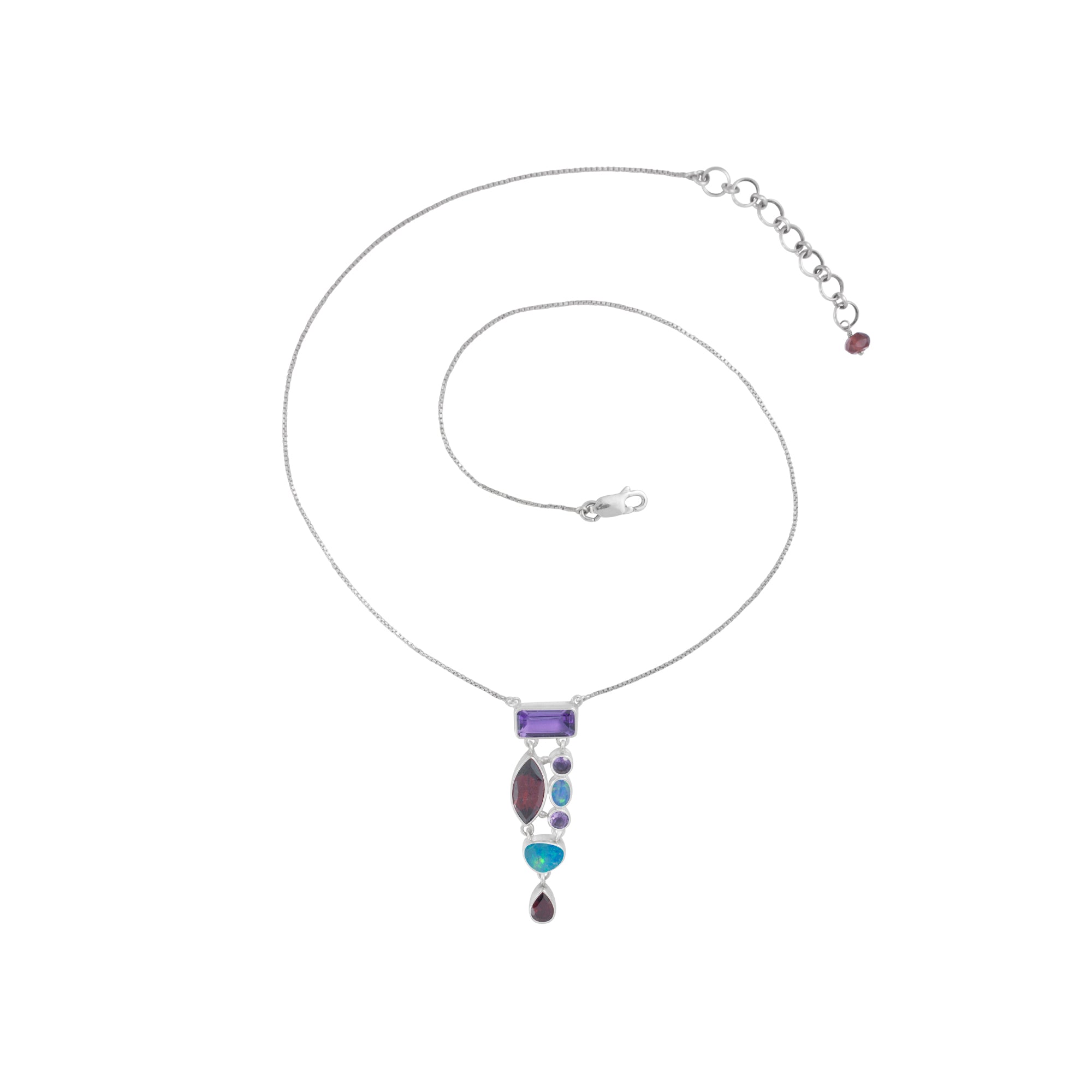 Sterling Silver Necklace With Opal Free Form, Ametyst Facet & Garnet Facet Drop