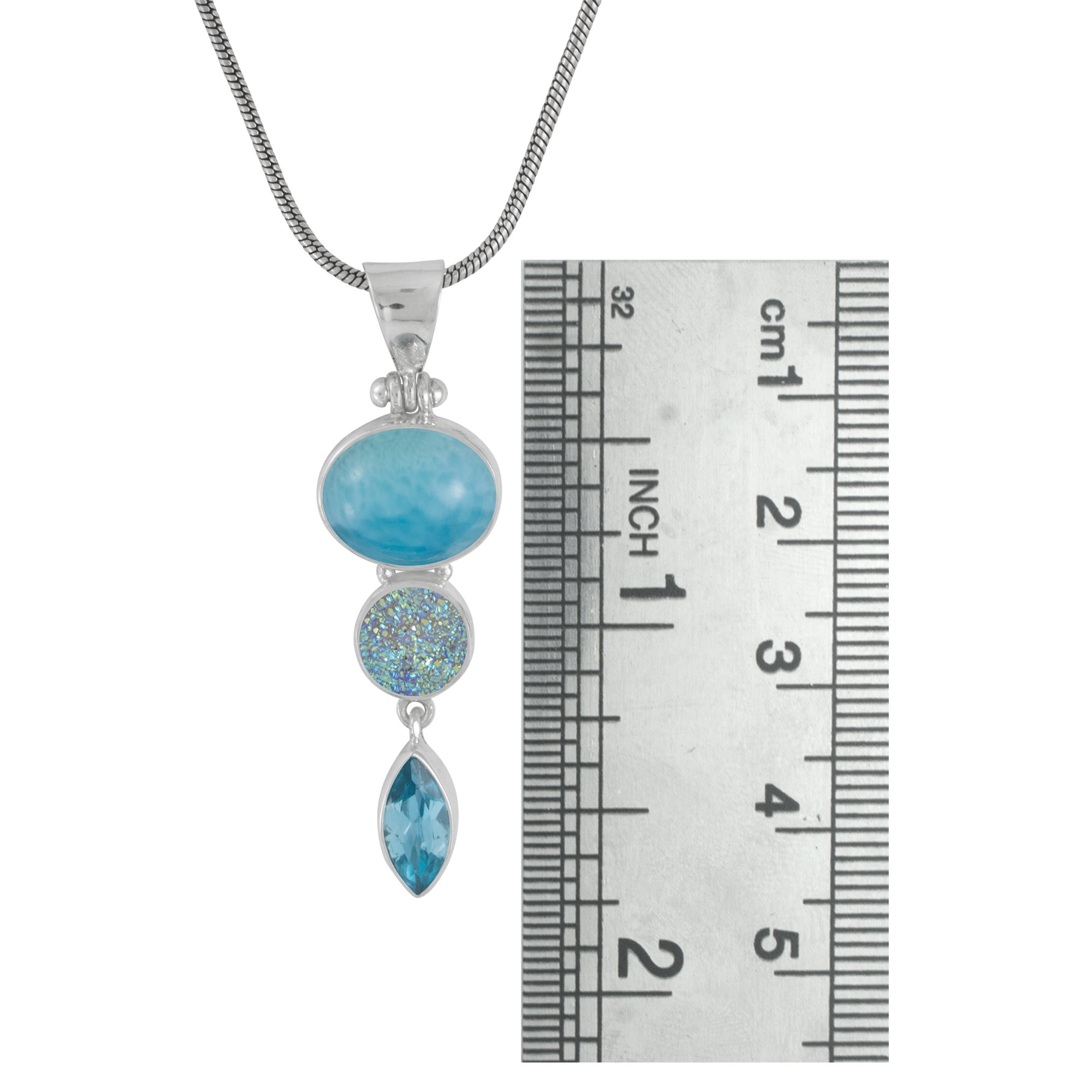 Sterling Silver Pendant With Larimar Oval, Druzy Opal Round And Blue Topaz Marqouise Facet
