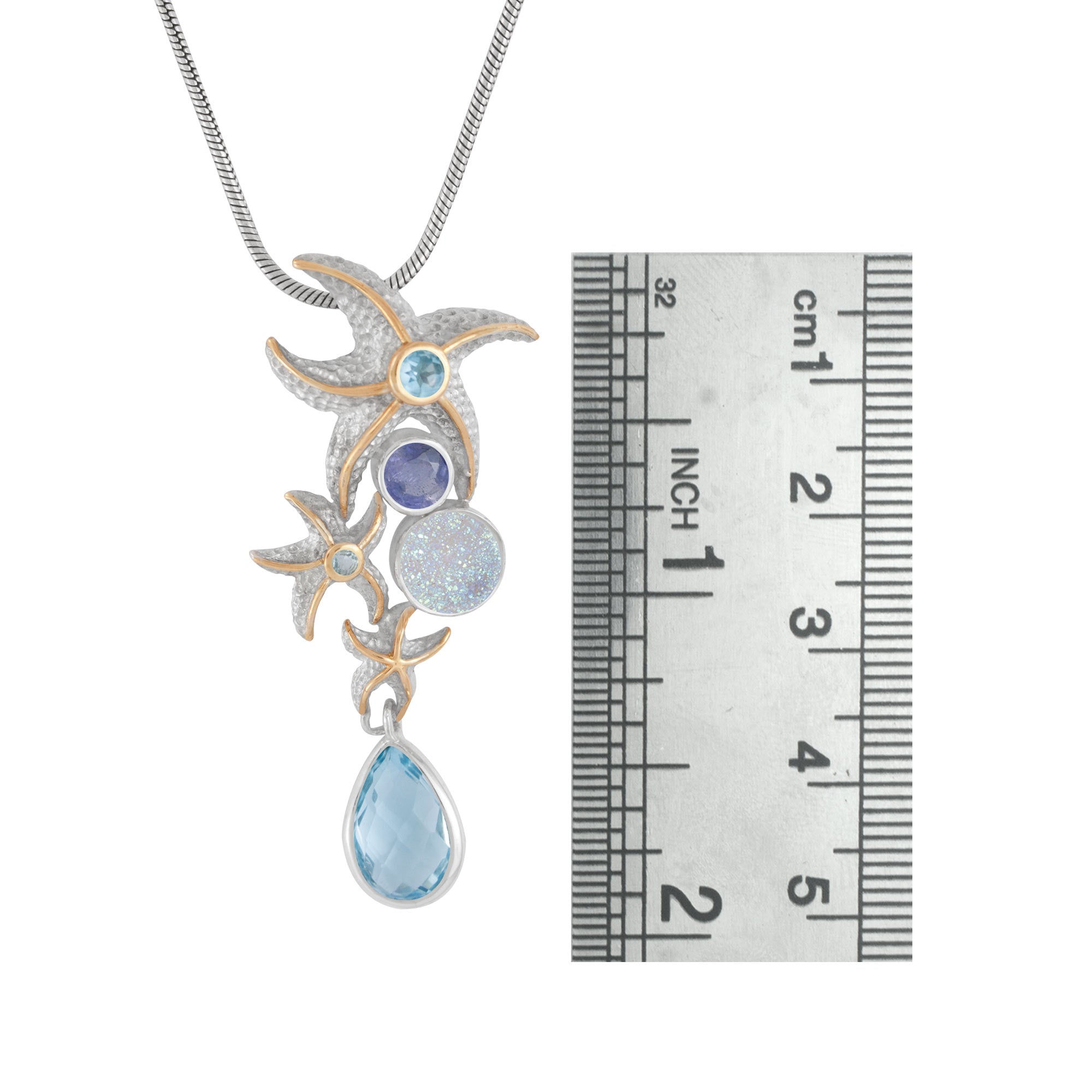 Sterling Silver Pendant Star Fish Component With Blue Topaz, Iolite Round Facet, Druzy Opal Round
