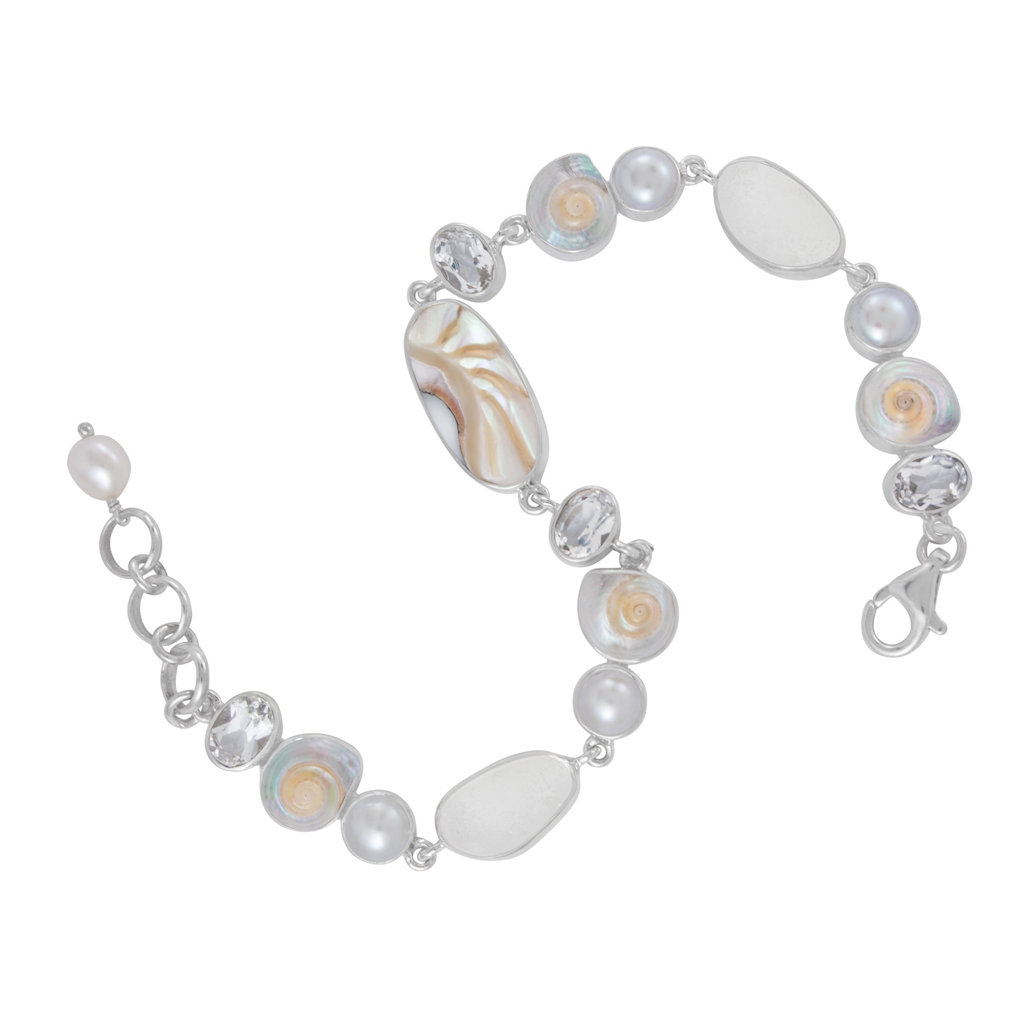 Sterling Silver Bracelet With Shell Malabar Turbos, Nautilas Oval, White Topaz Oval Facet And Pearl