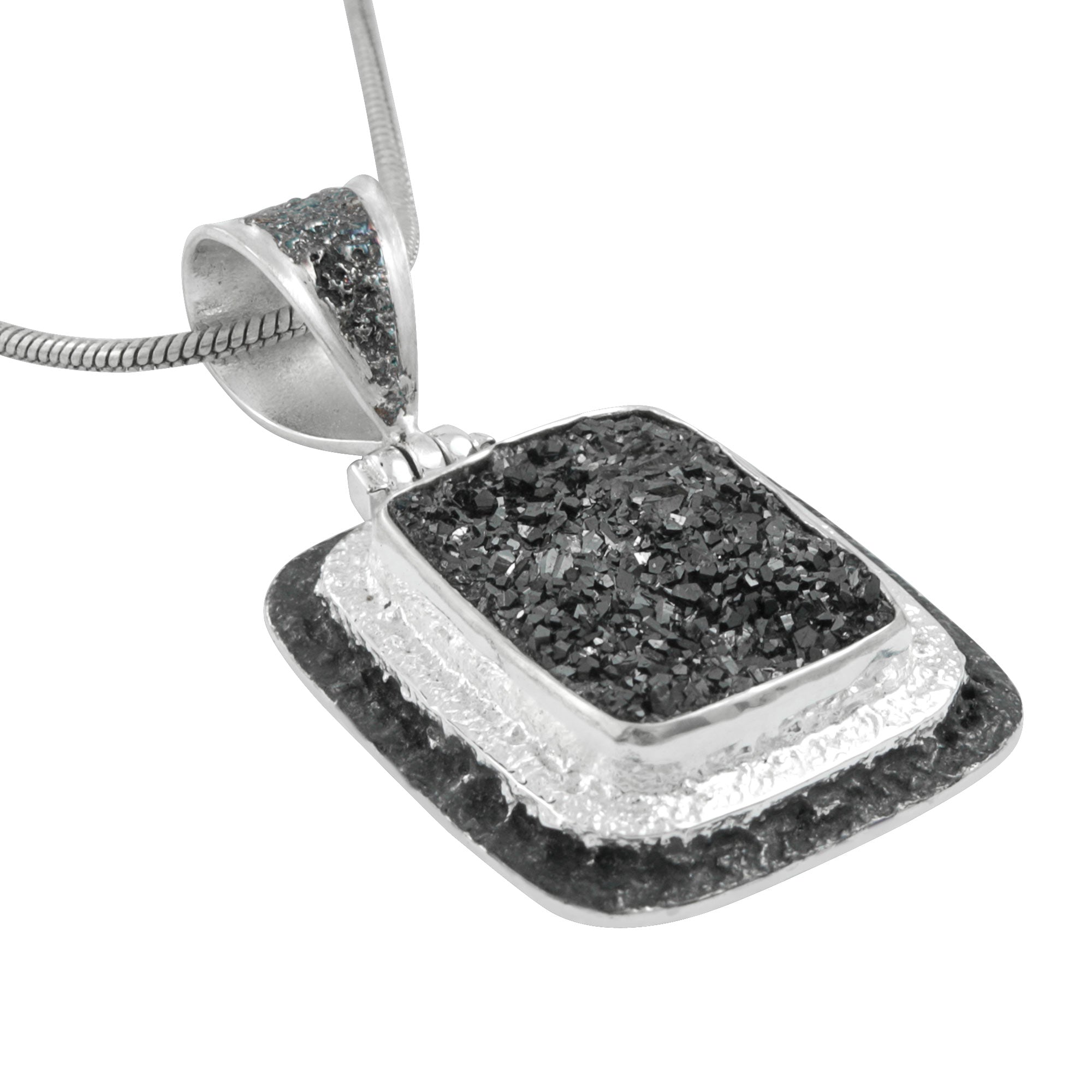 Silver Pendant Texture Component With Druzy Black Knight Rectangle