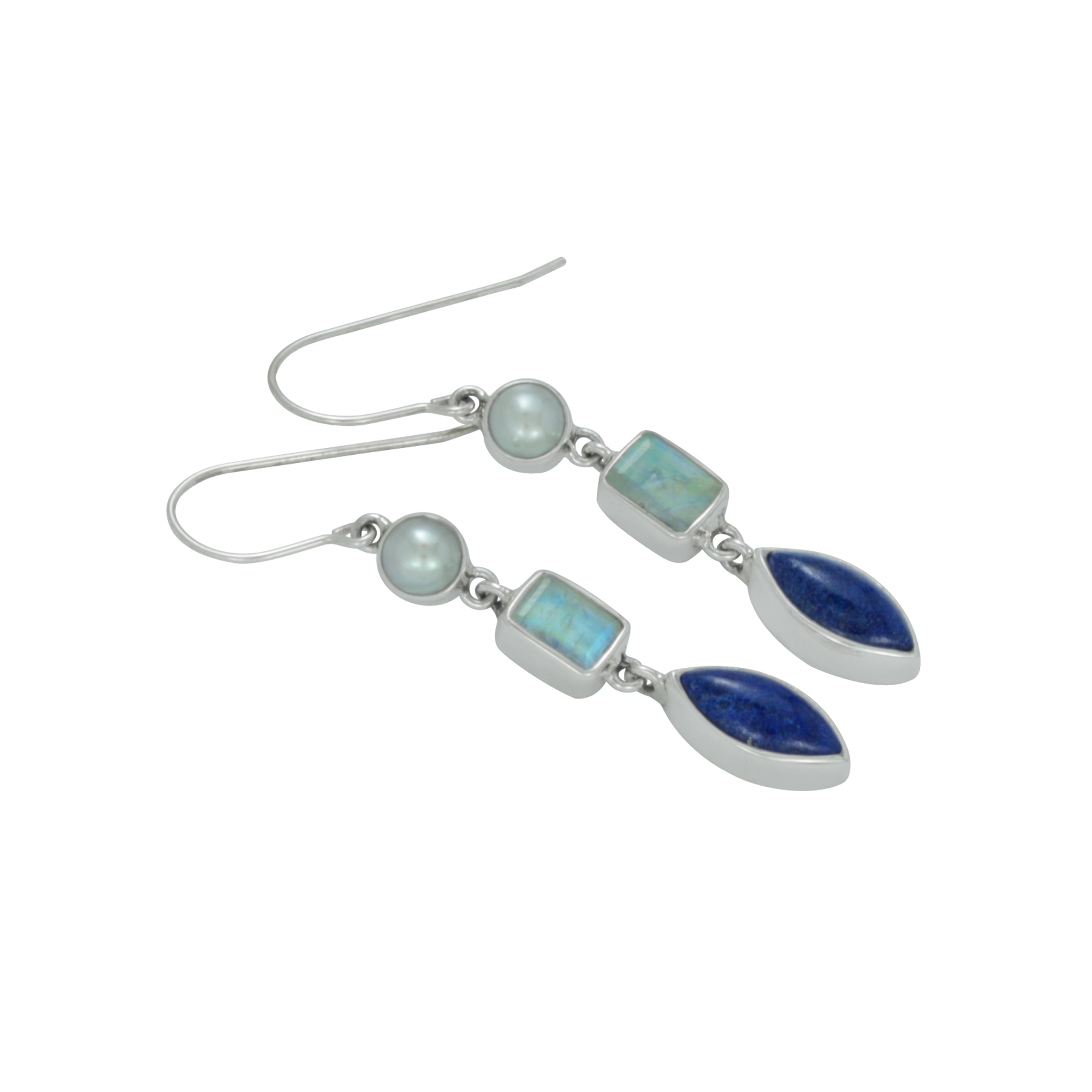 Stunning and Elegant Rainbow Moonstone pearl and lapis silver earring