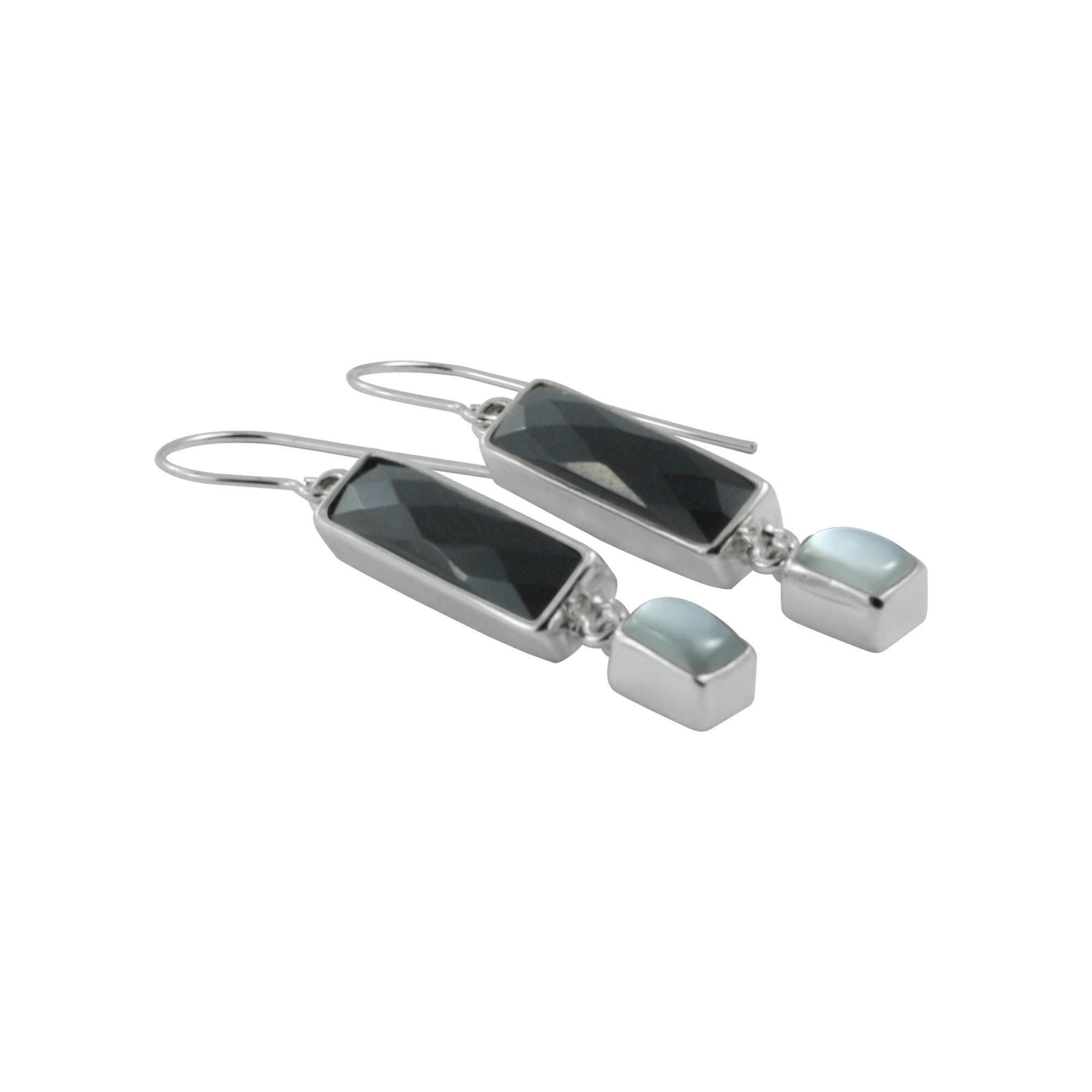 Silver Earring With Onyx Rectangle Briolet & Grey Moon Stone Rectangle