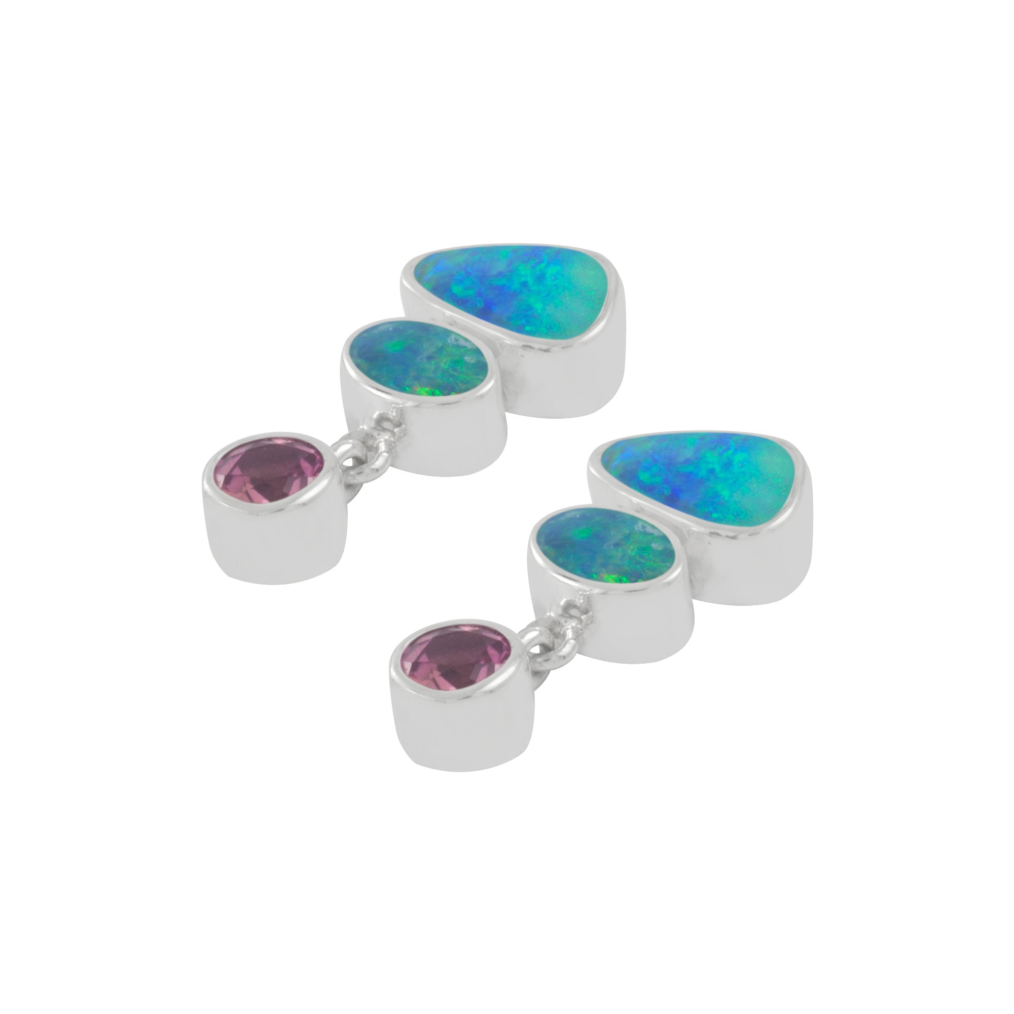 Silver Earring With Opals And Round Stone