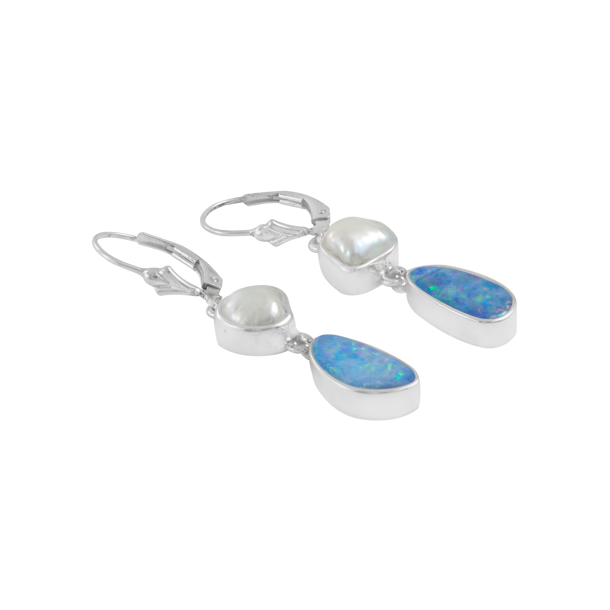 Silver Earring With Pearl White Keshi & Free Form Opal Drop