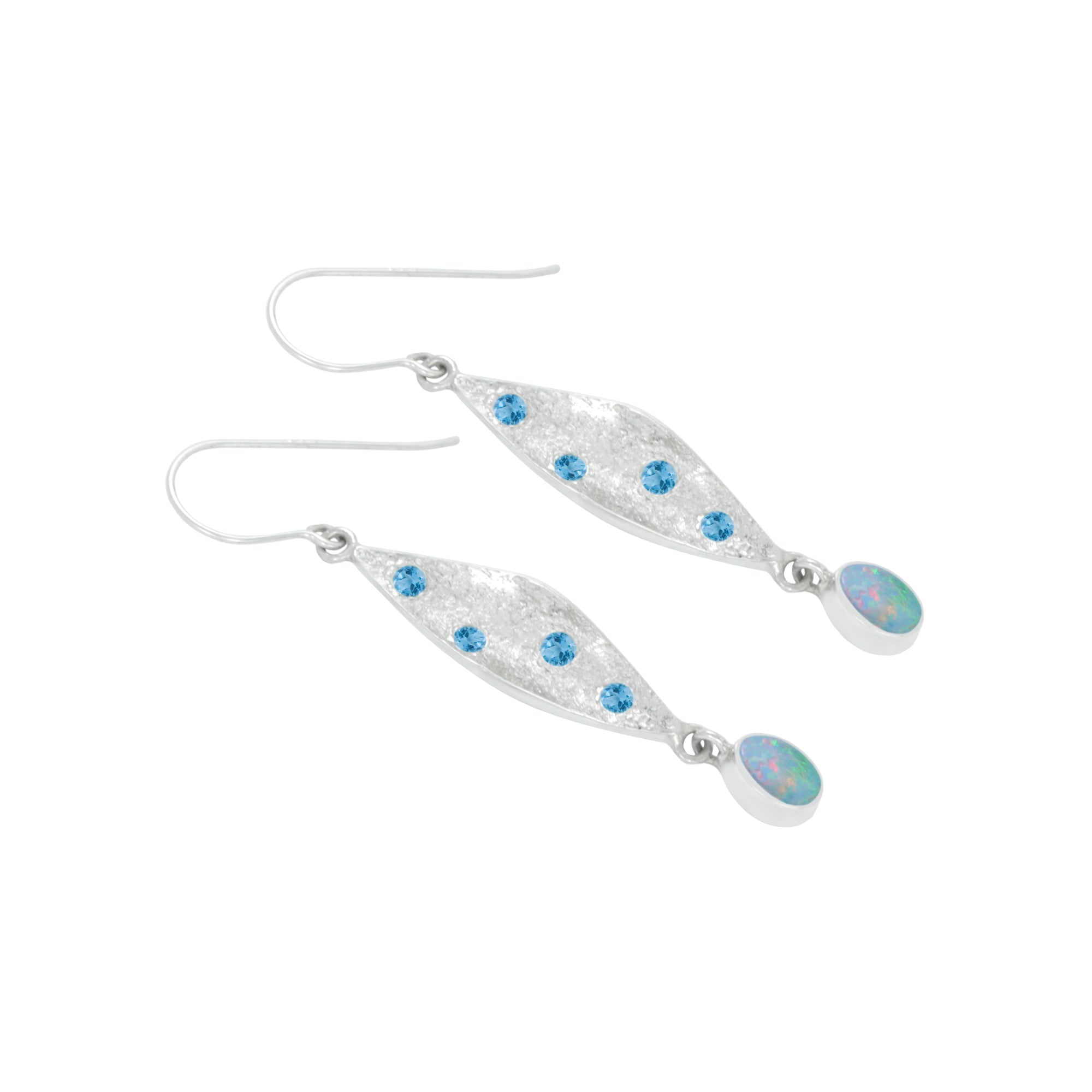 Silver Earring With Blue Topaz Round Facet & Opal Free Form Drop