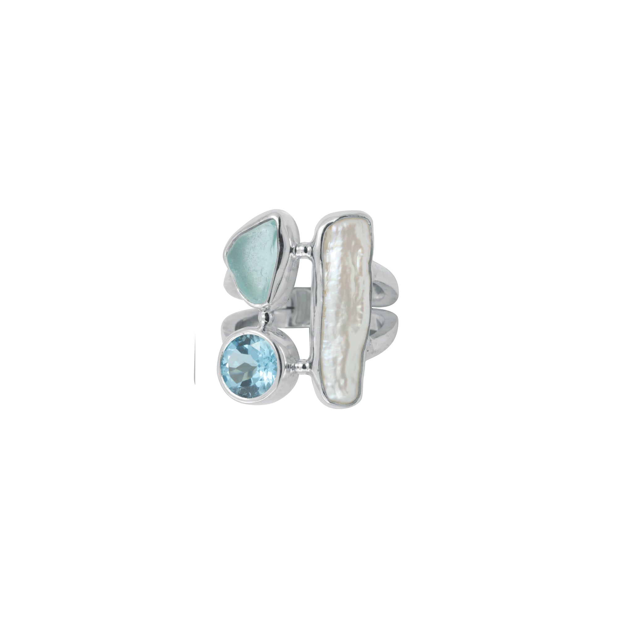 Stunning Sea glass Ring with Pearl and Blueb Topaz accents