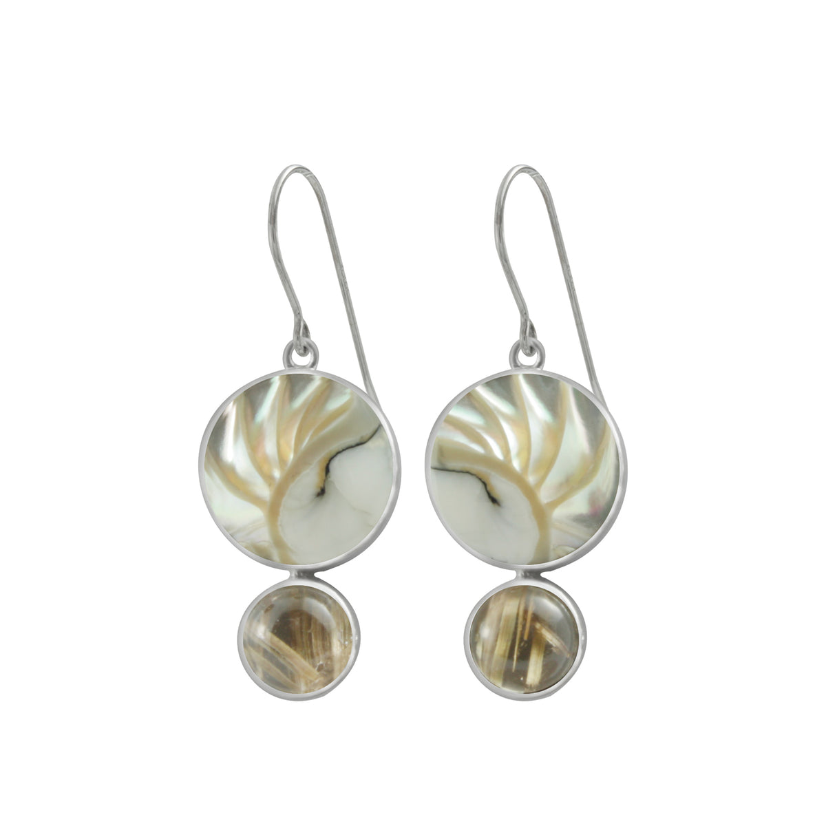 Earring With Nautilus Round Shell And Rutilated Round