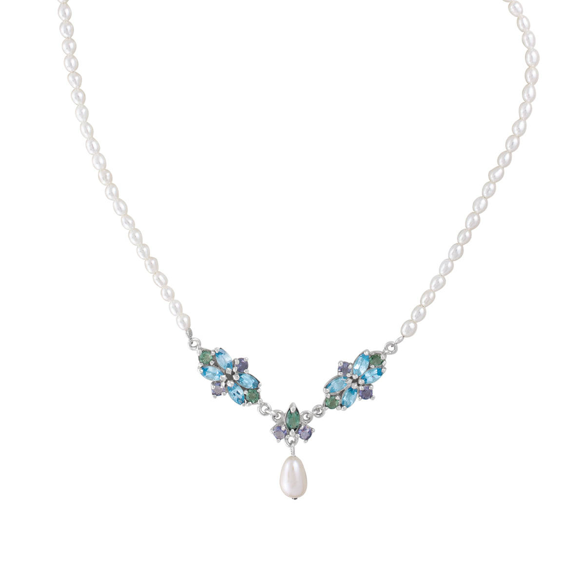 Sterling Silver Necklace With Marquise Flower Collection Bar, Marquise And Round Stone