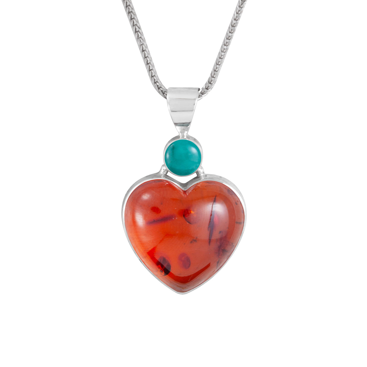Sterling Silver Pendant With Turquoise Round And Amber Heart
