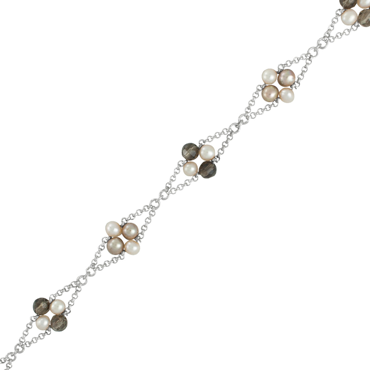 Sterling Silver Bracelet Pearl, Smokey Bead With Klip Conected By Chain