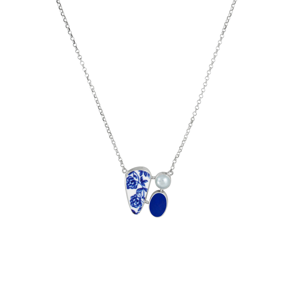 Necklace With Sea Glass, Pottery And Pearl