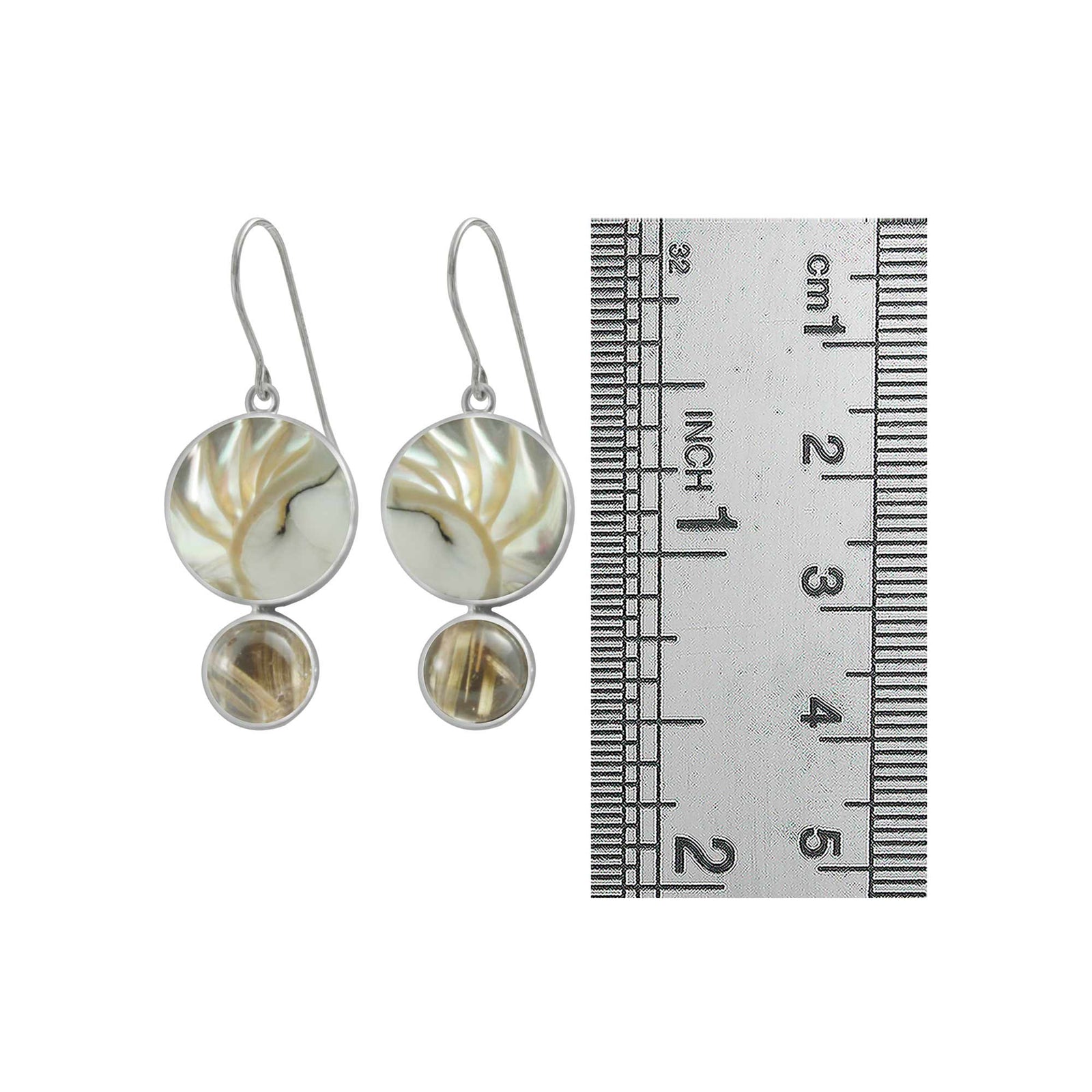 Earring With Nautilus Round Shell And Rutilated Round