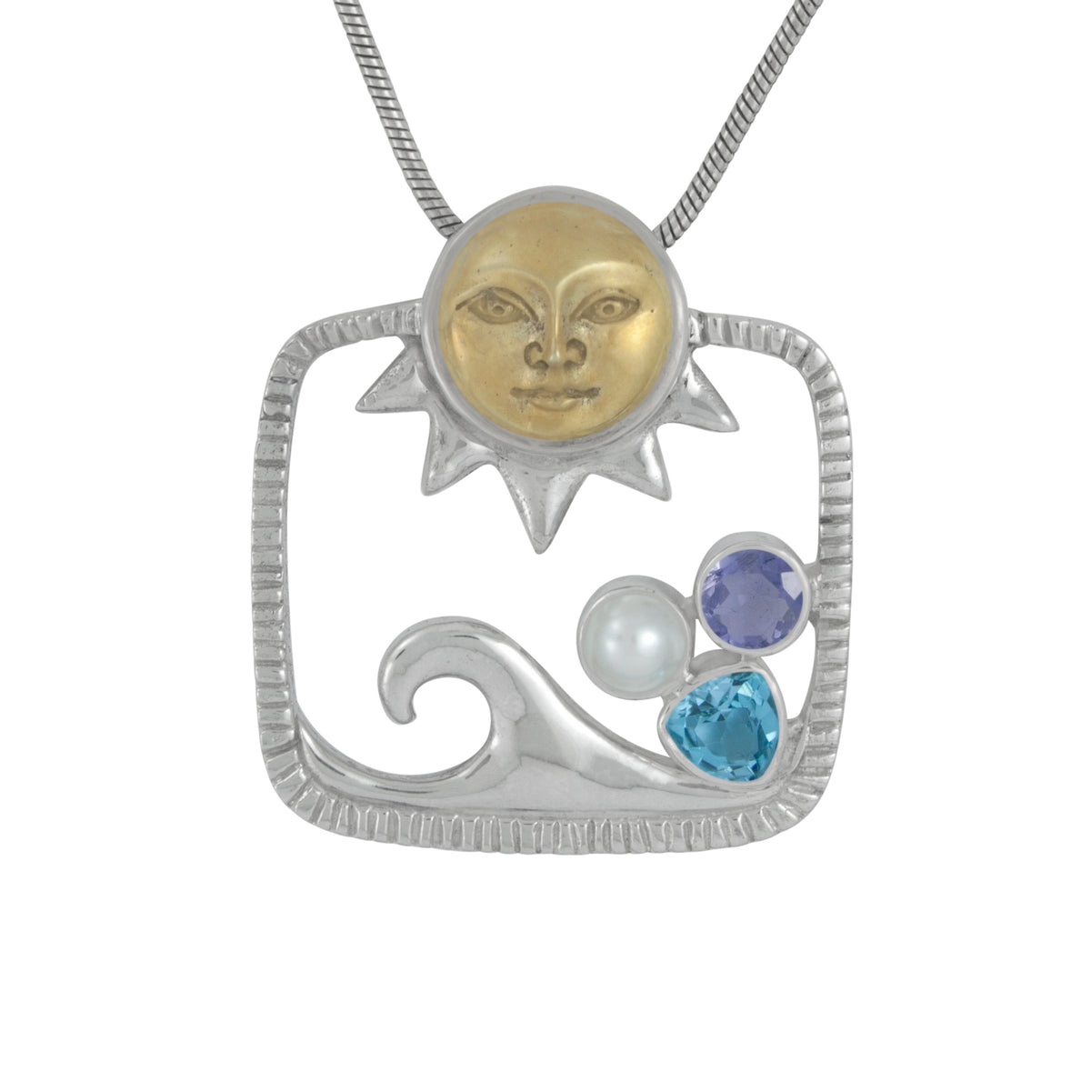 Sterling Silver Pendant With Blue Topaz, Iolite, Pearl Round
