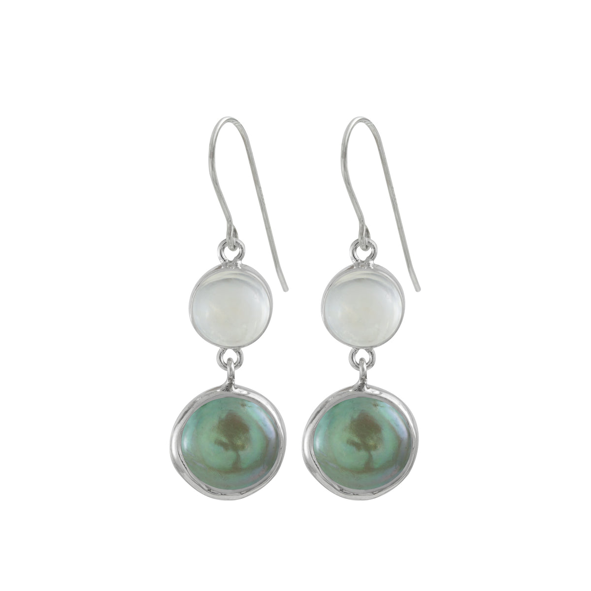 Sterling Silver Earring With Rainbowmoon Stone Round ,Pearl Green Drop