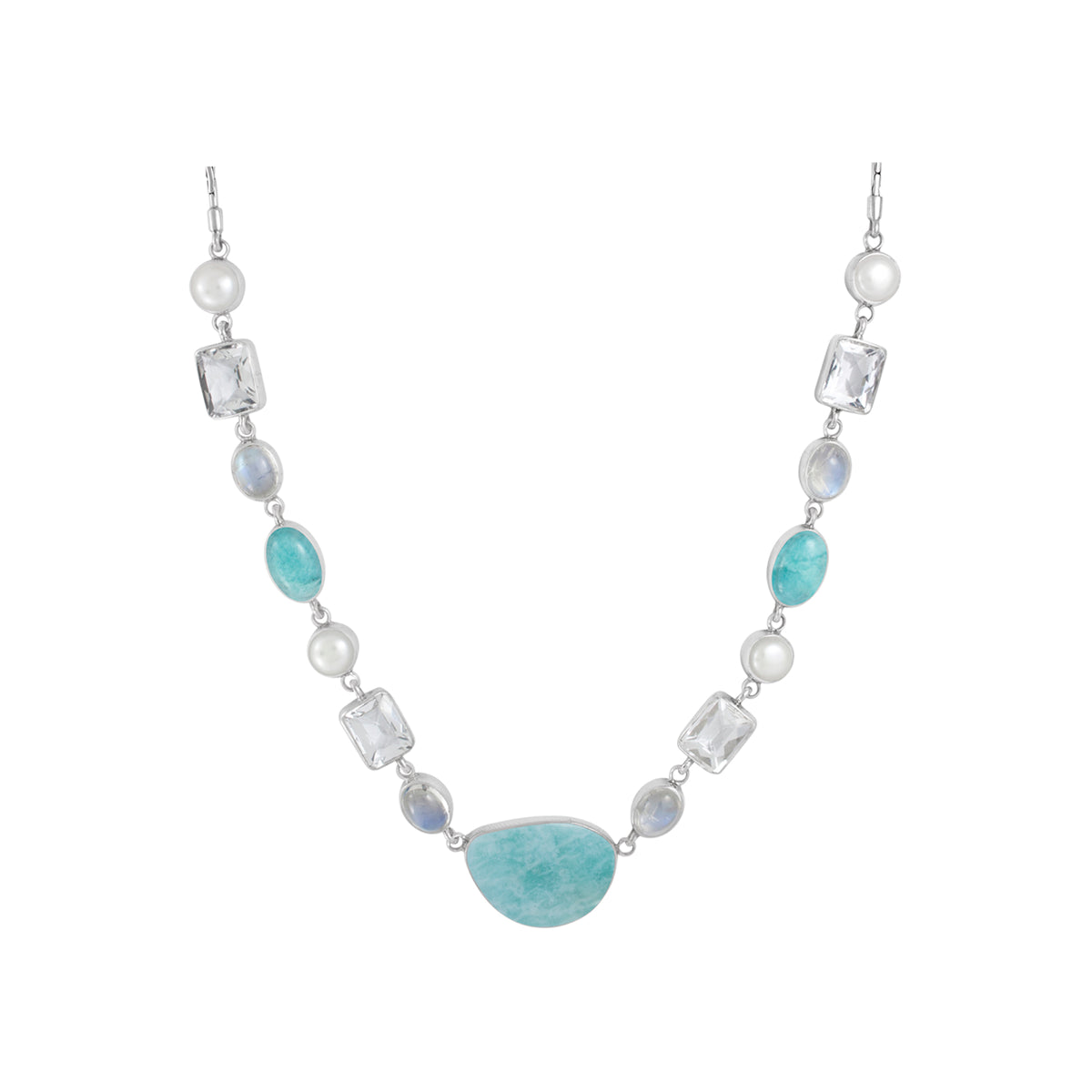 Sterling Silver Necklace With Amozonite Free Form &amp; Oval, RainbowMoon Oval, Pearl