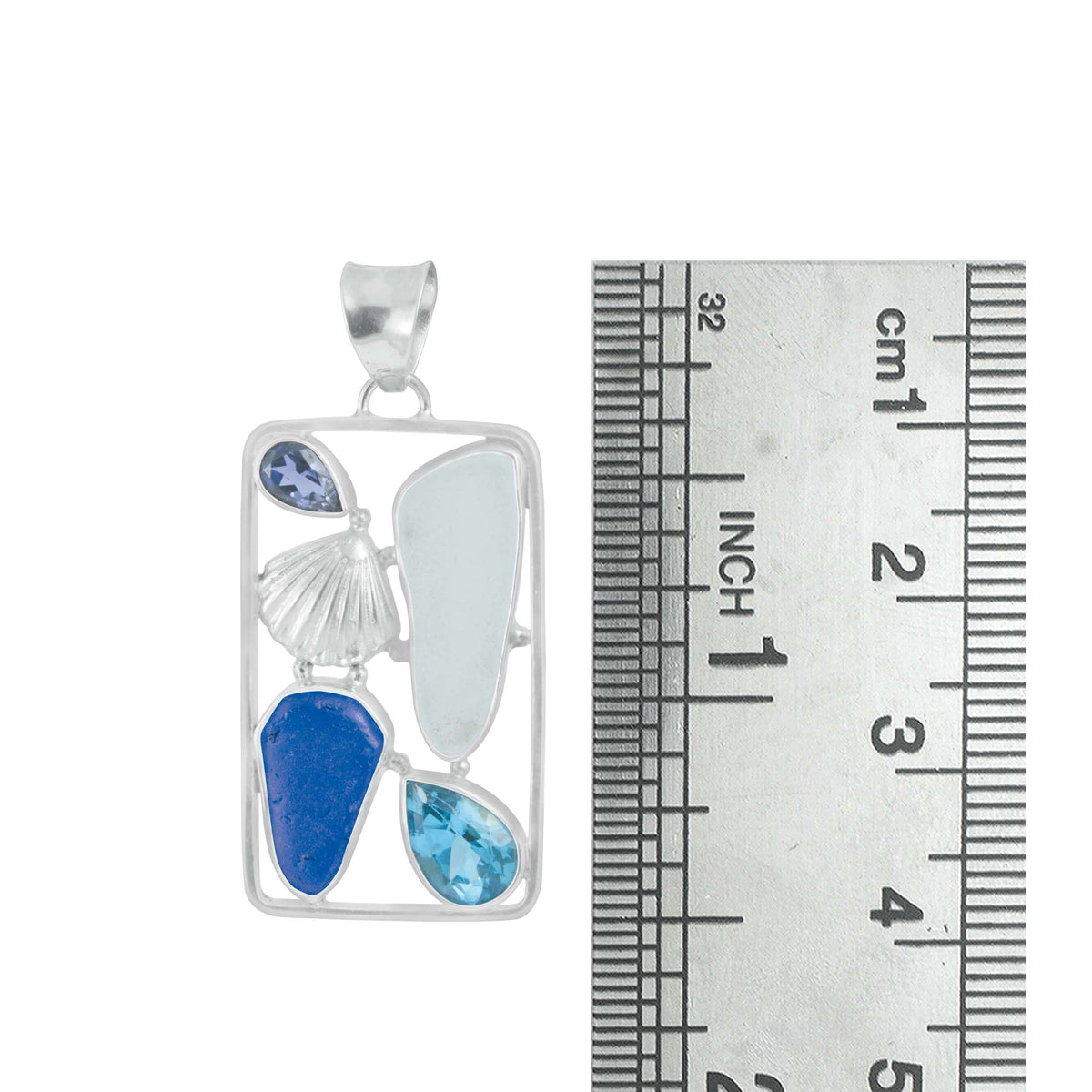 Sterling Silver Pendant With Sea Glass, Blue Topaz, Iolite Pear Facet