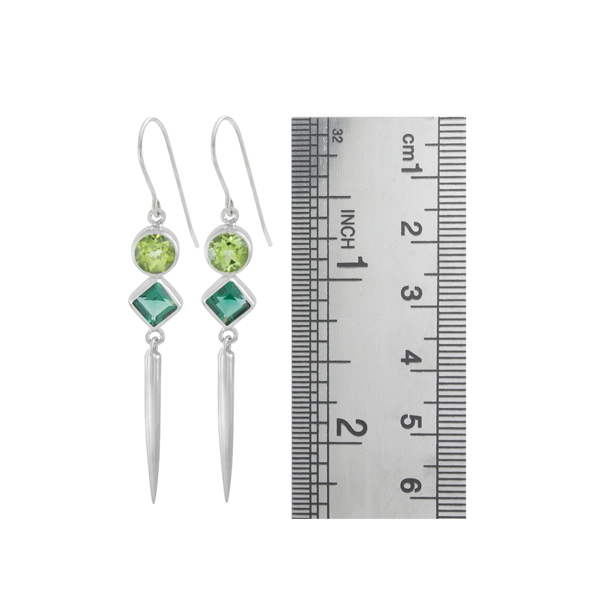 Sterling Silver Earring With Peridot Round Facet, Green Quartz Square Facet