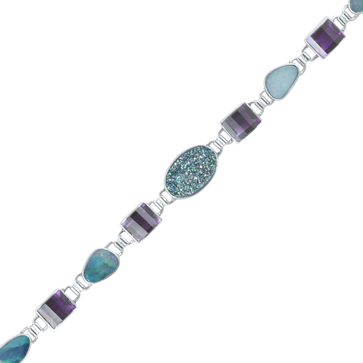 Sterling Silver Bracelet With Druzy Easy Green, Amethyst REctangle Step Cut, Opal Free Form