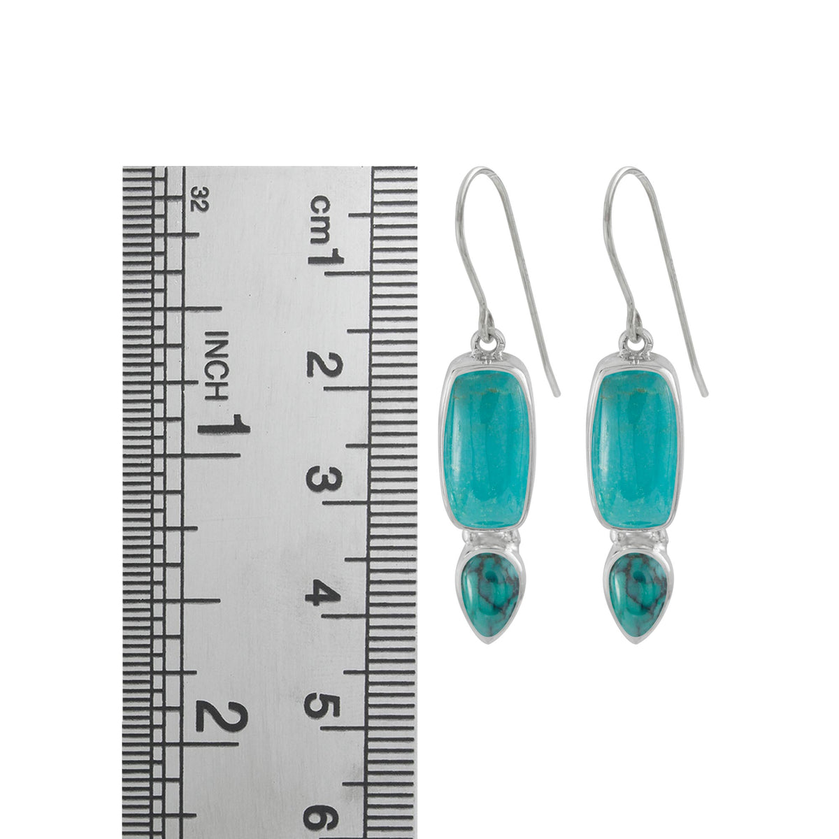 Sterling Silver Earring With Turqouise Rectangle Cushion And Pear Drop