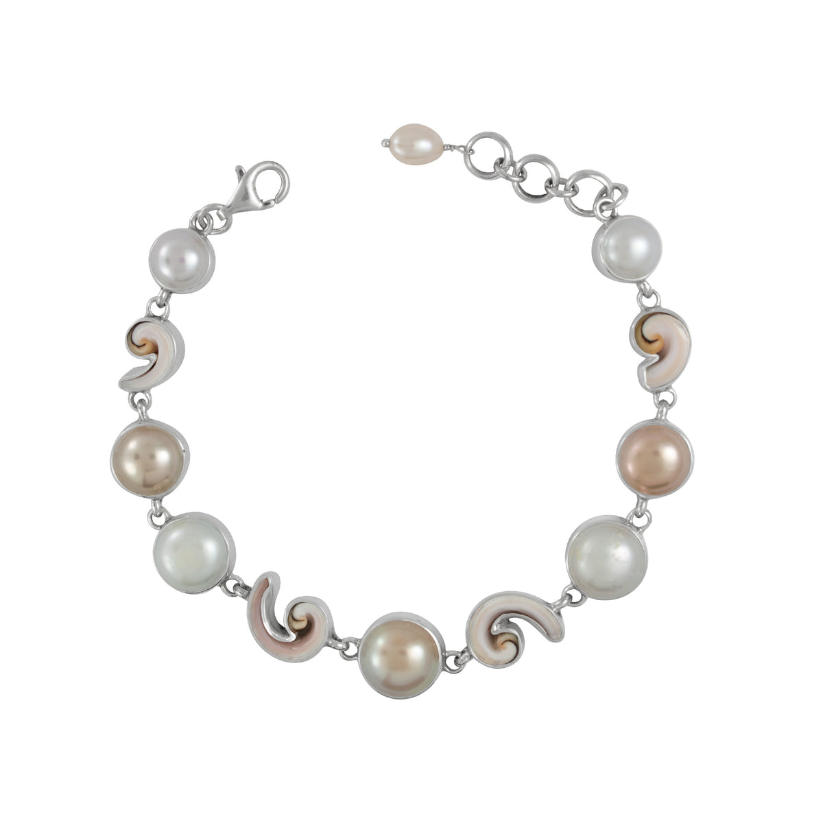 Sterling Silver Bracelet With Pearl Round And Shell Spiral