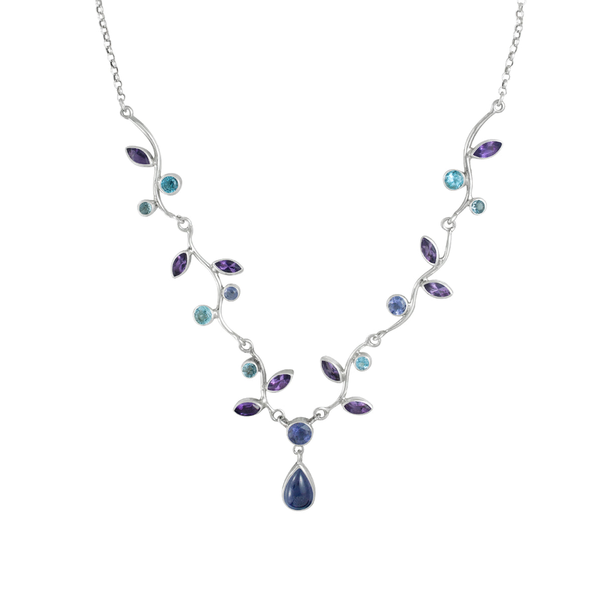 Amythyst,Blue  Topaz and Iolite Branch Necklace