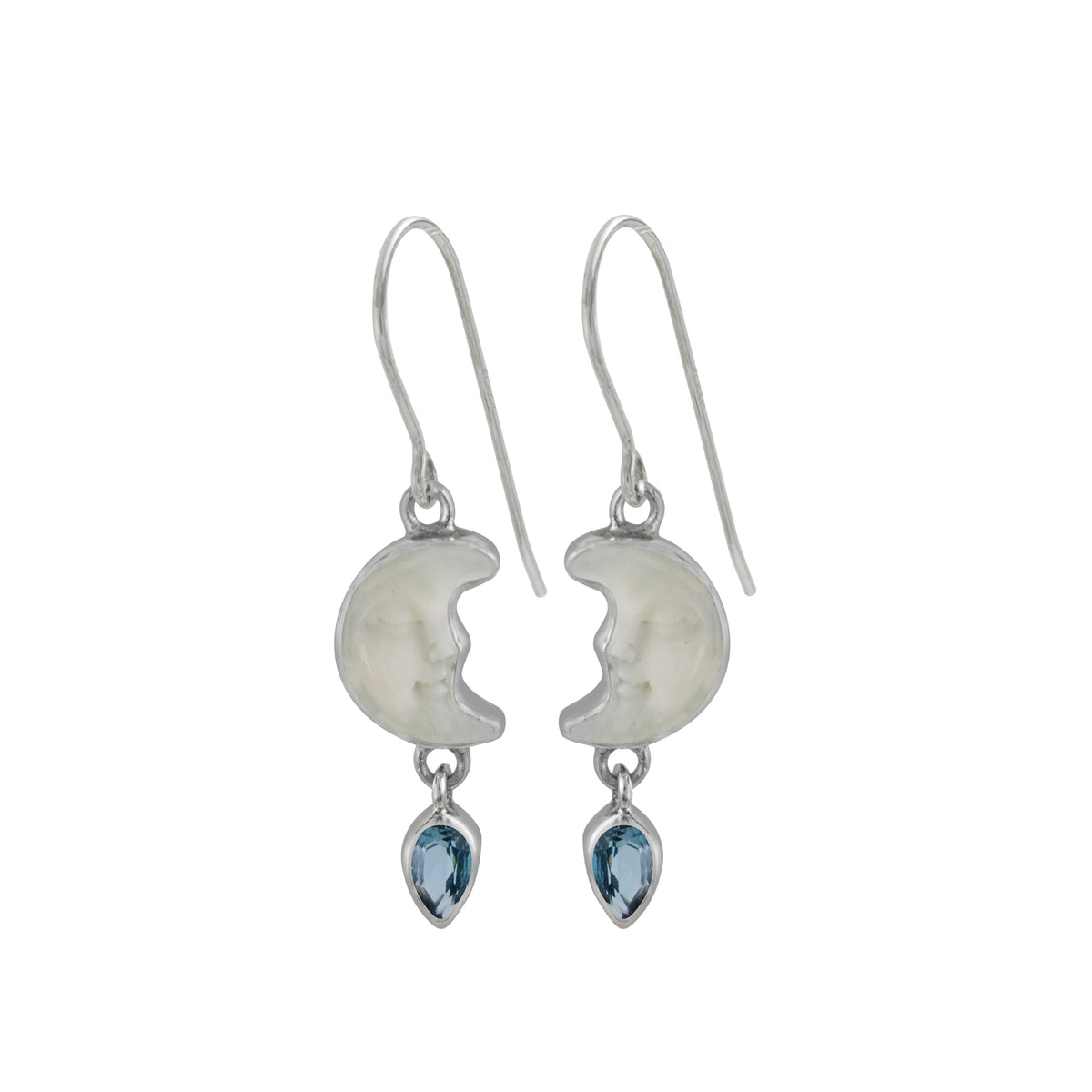 Sterling Silver Earring Half Moon Face With Blue Topaz Pear Facet