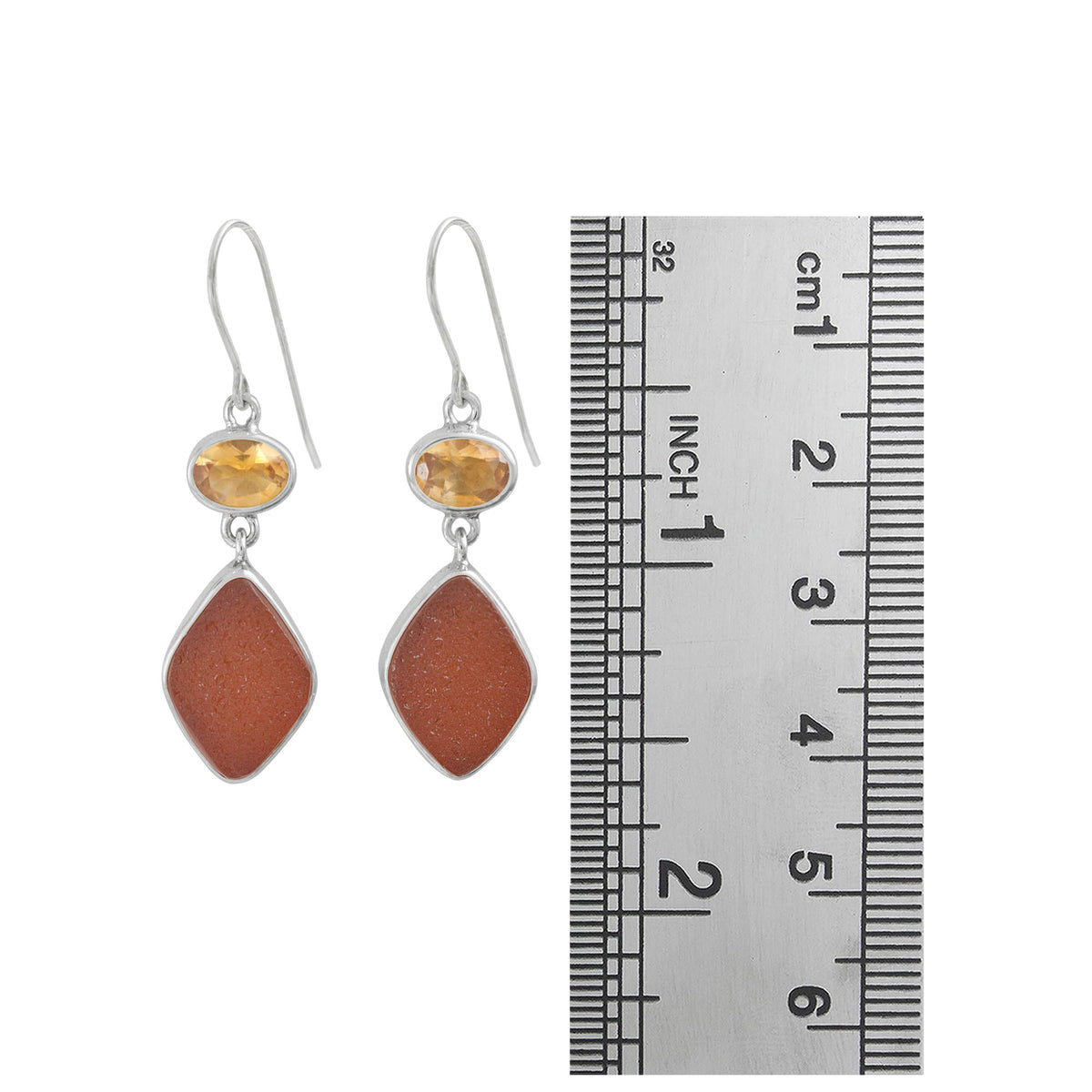 Sterling Earring With Citrine Oval, Sea Glass Brown Drop