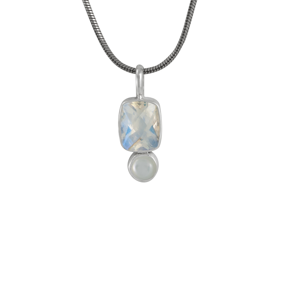 Silver Pendant With Rainbowmoon Quartz Reactangle Checker, Pearl