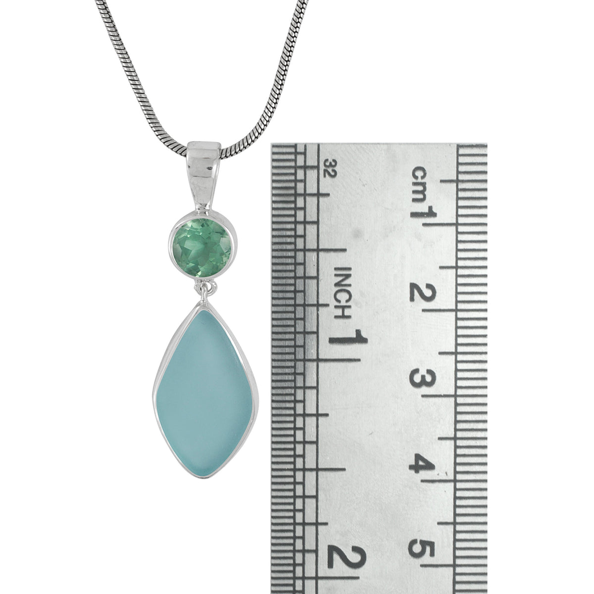 Sterling Silver Pendant With Green Quatz Round Facet And Sea Glass Aqua
