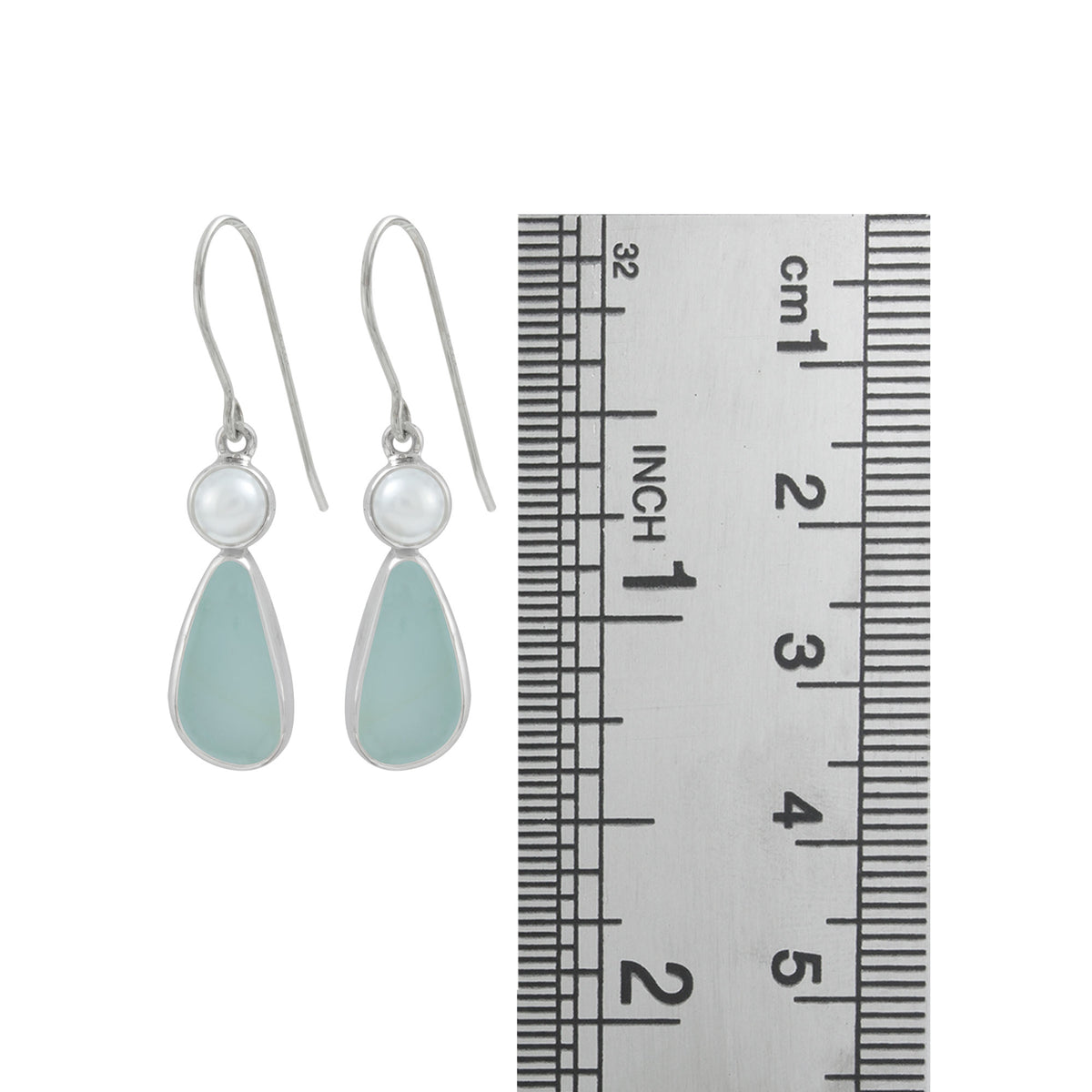 Sterling Silver Earring With Pearl Round, Sea Glass Drop