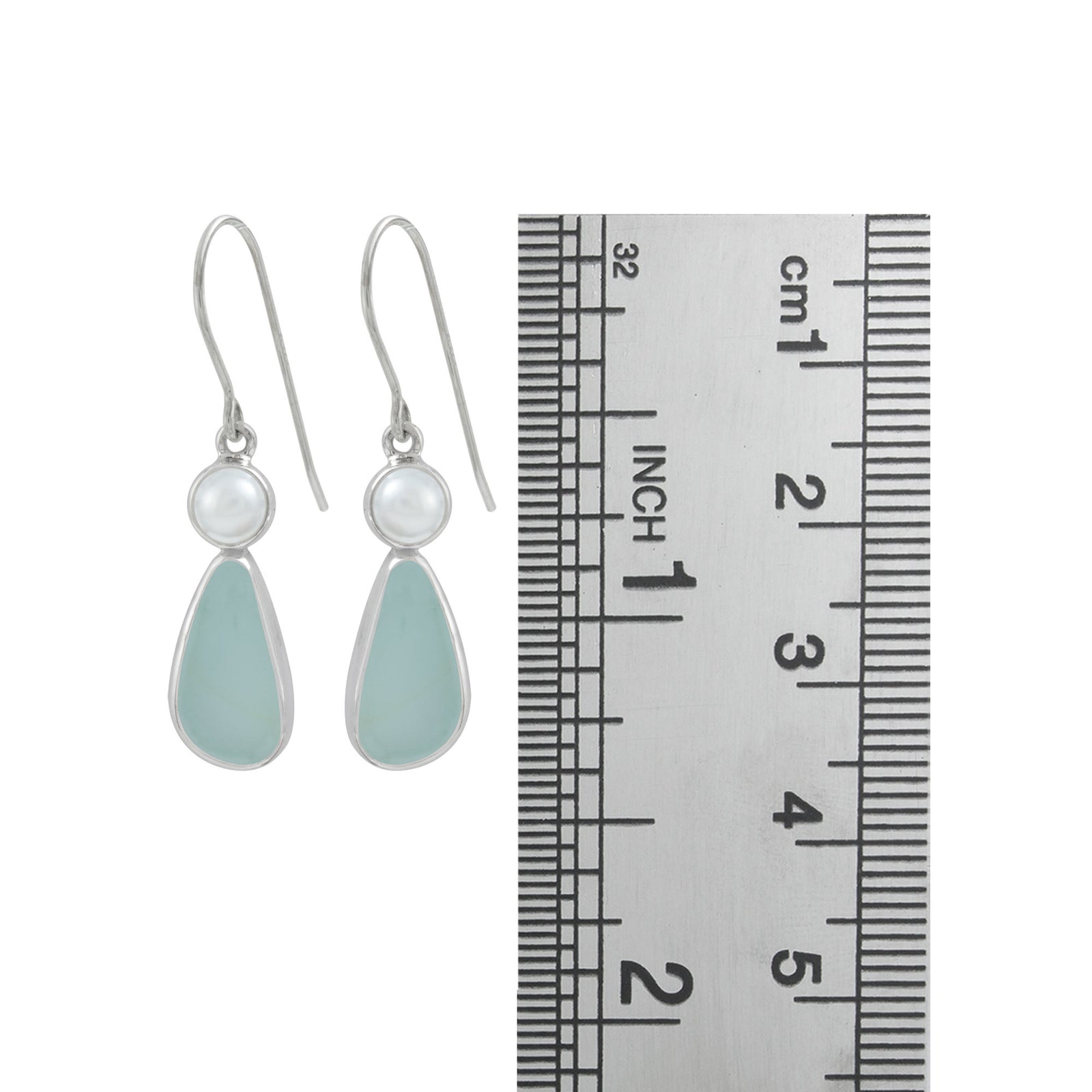 Sterling Silver Earring With Pearl Round, Sea Glass Drop